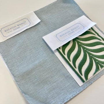 Green and White Wave Tape on Pale Blue Cotton Drapery Panel