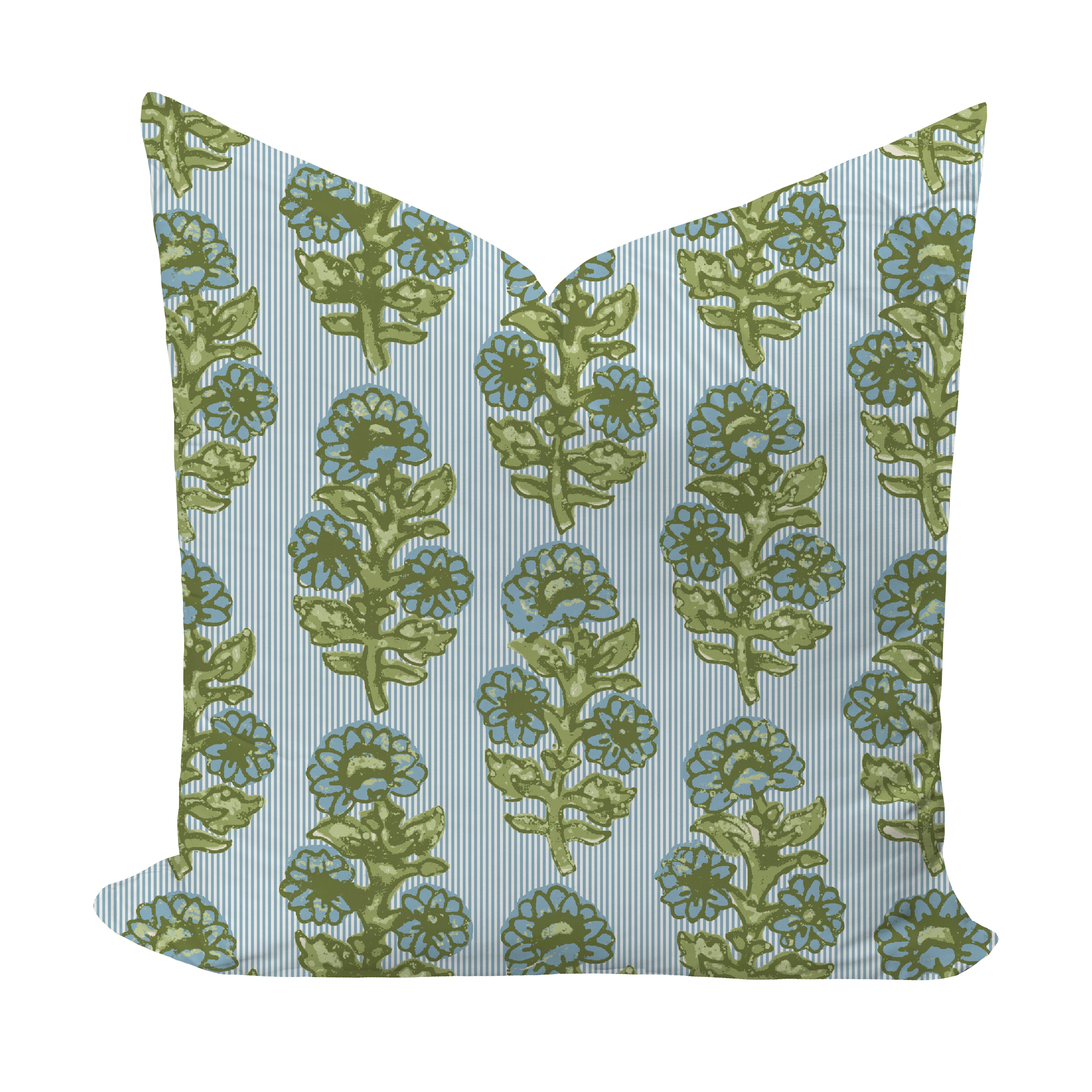 Floral and striped pillow cover in green and blue