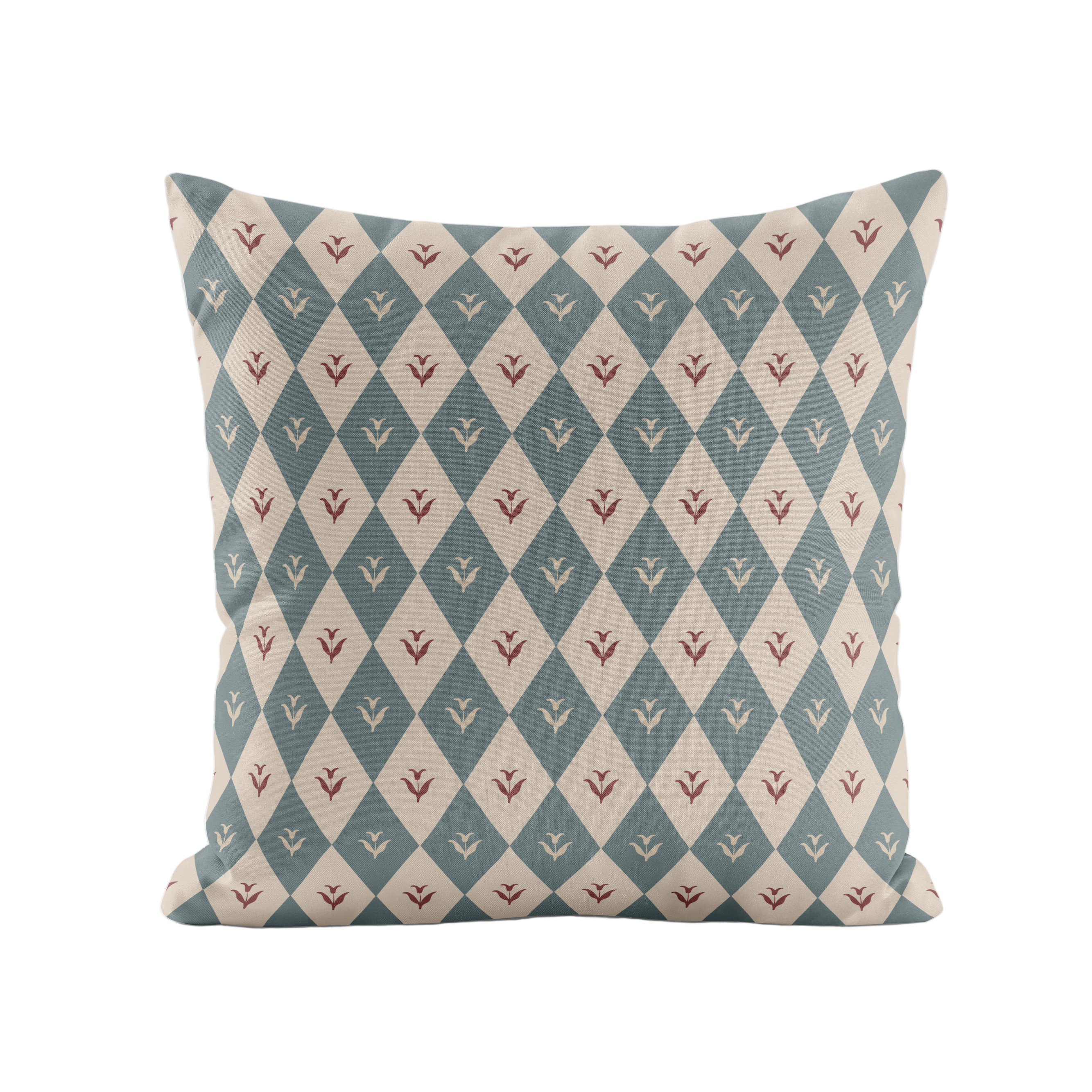 Decorative pillow with geometric pattern in burgundy and blue