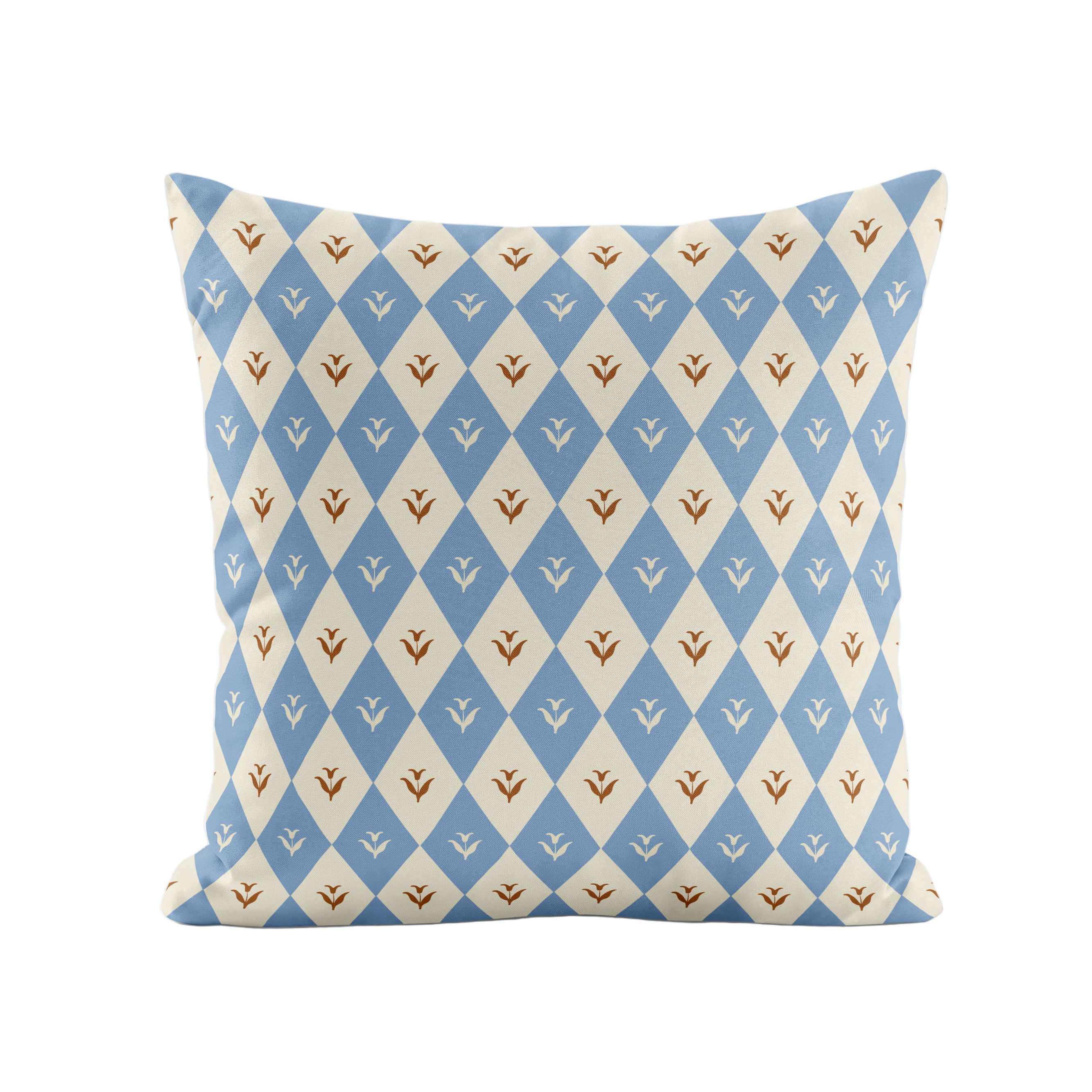 Decorative pillow with blue and beige geometric pattern on a light gray background