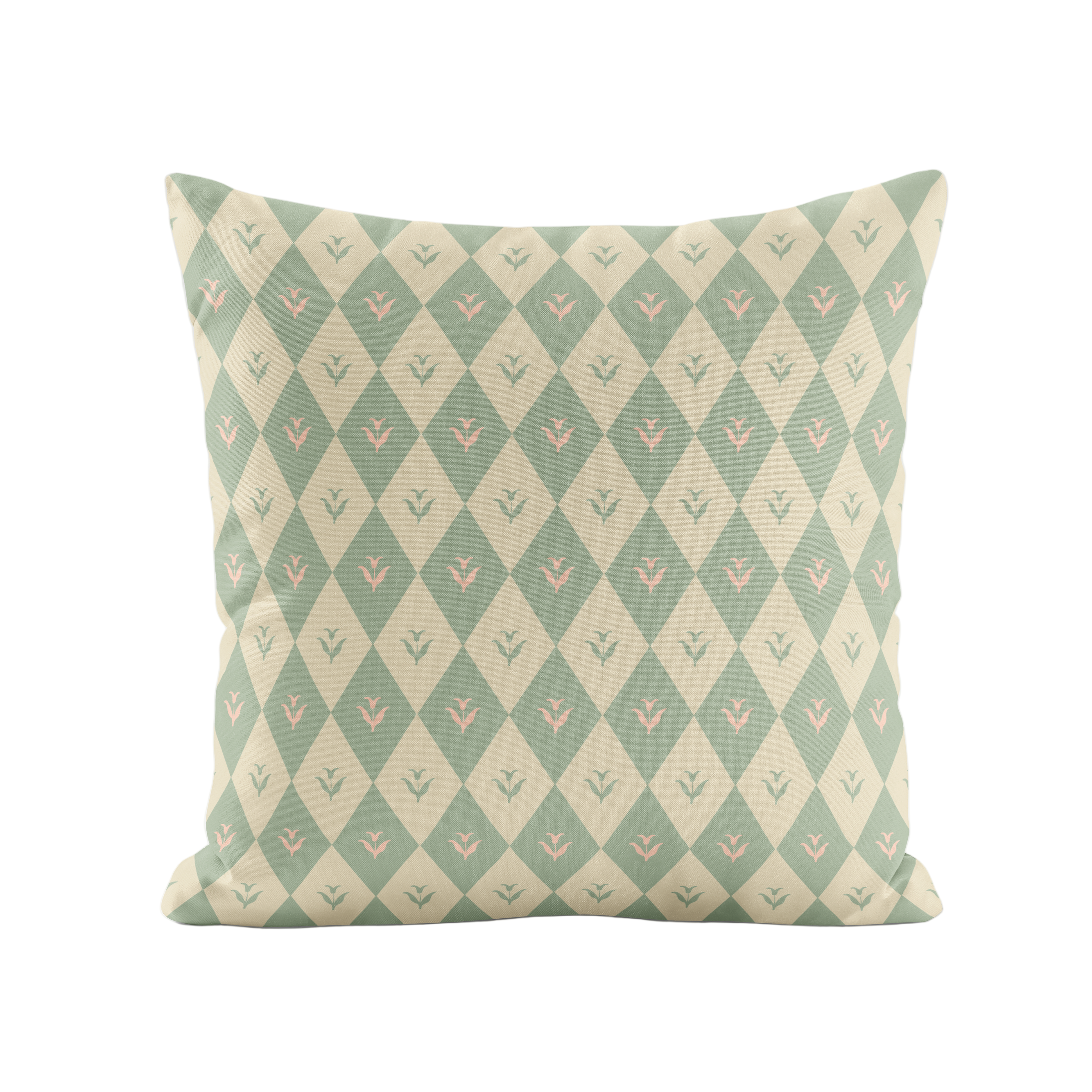Decorative pillow with green and beige diamond pattern on a white background