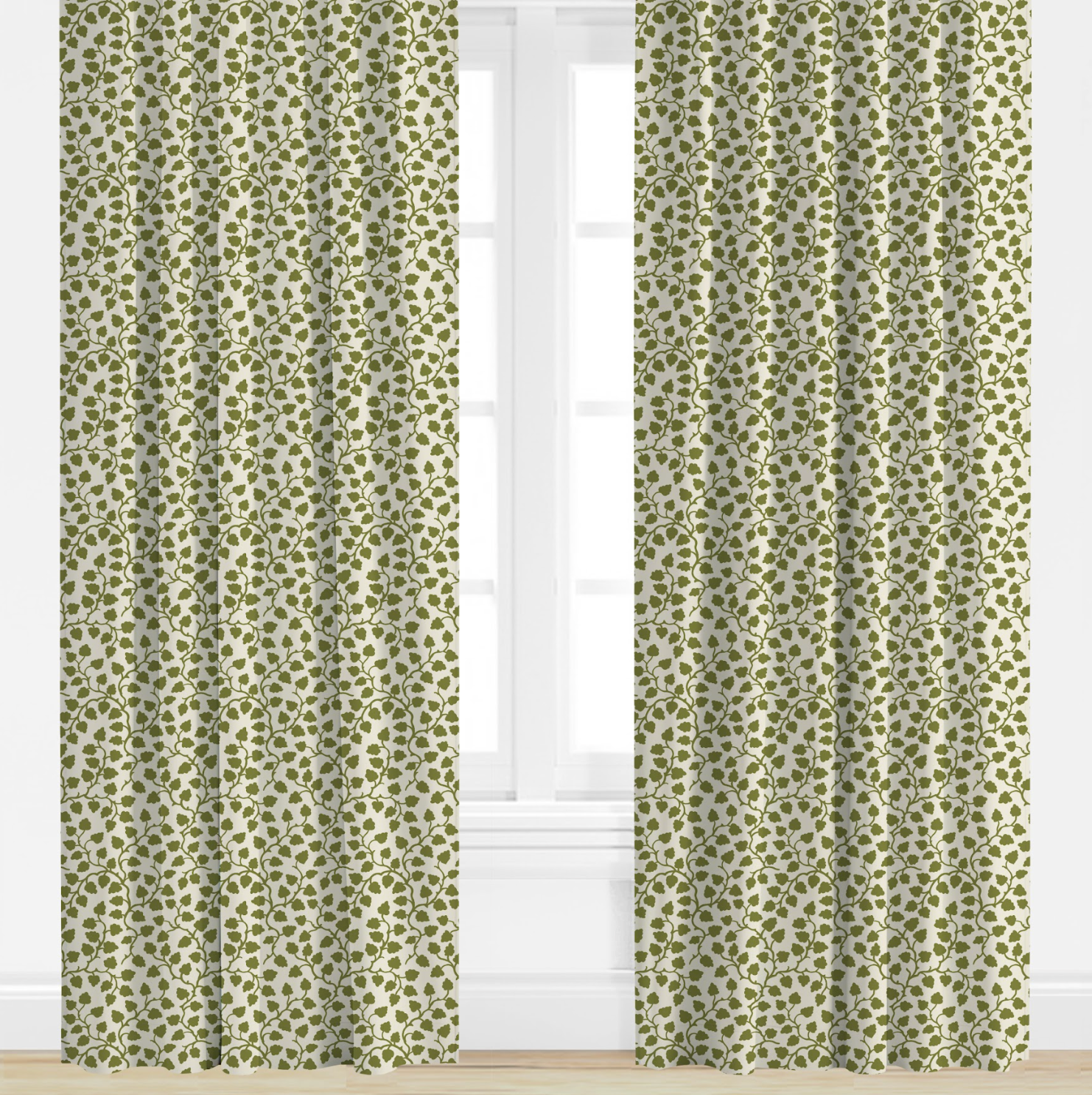 Green patterned curtains on a white window with a white wall background