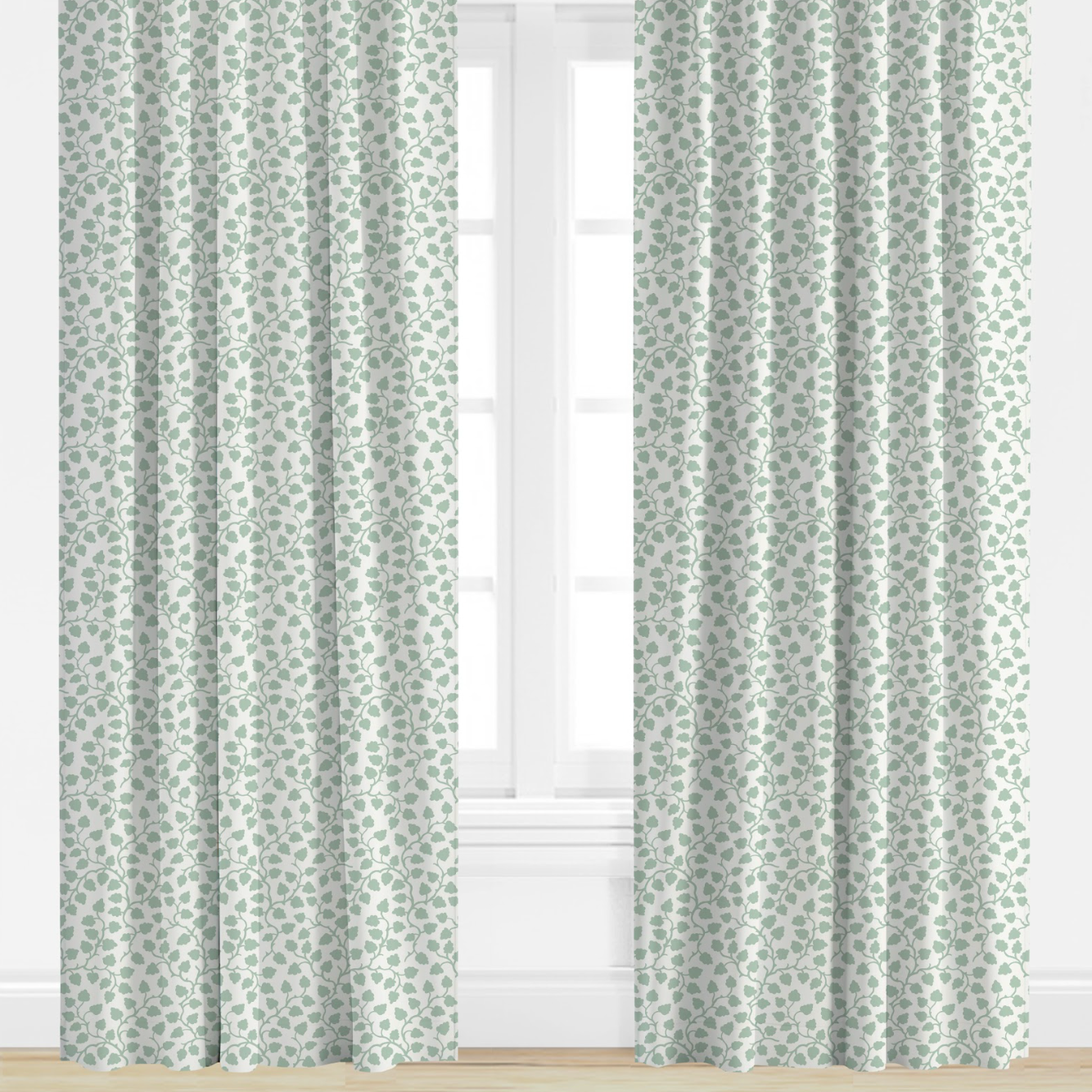 Blue Patterned curtains on a window with a white background