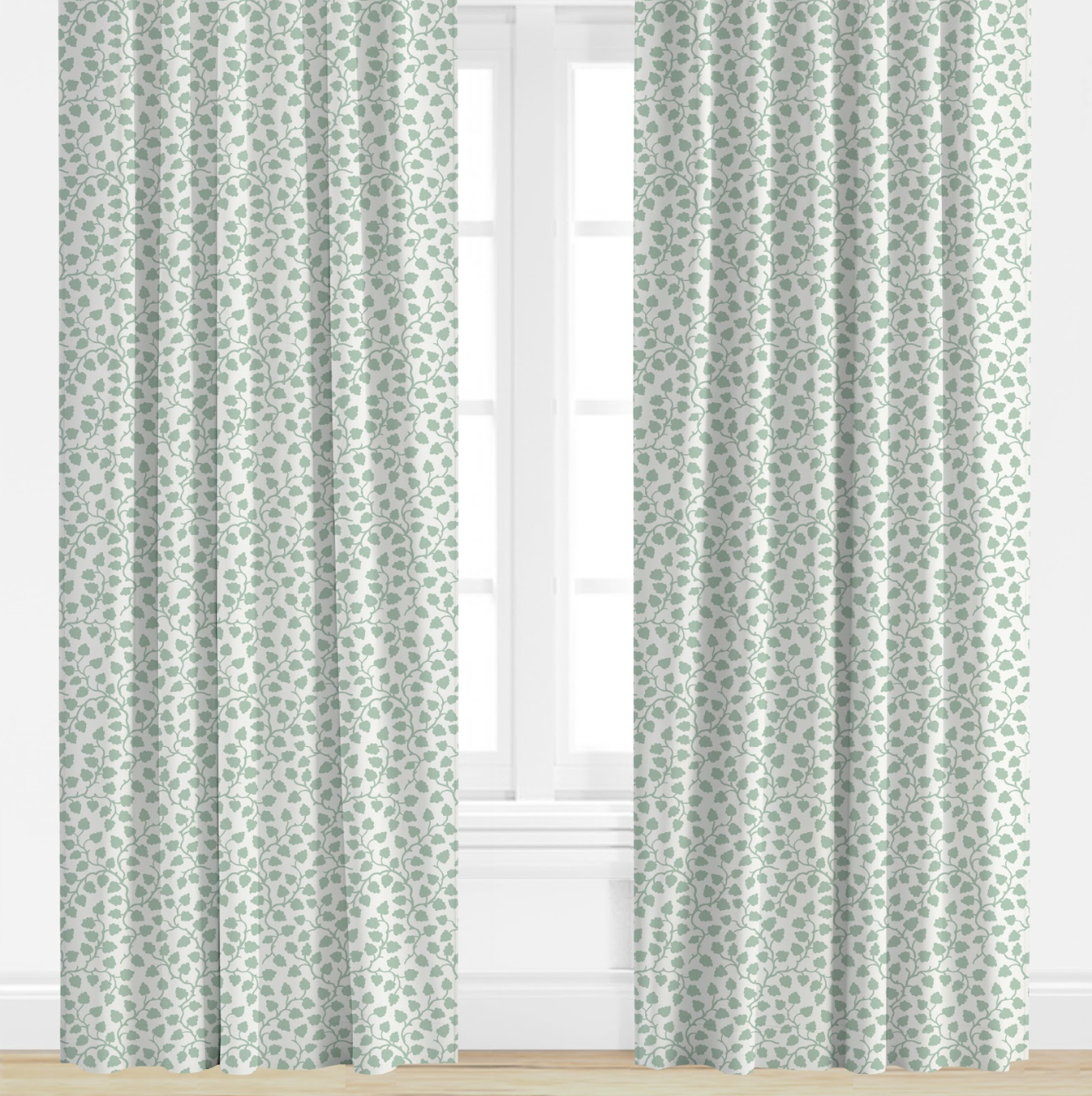 Blue Patterned curtains on a window with a white background