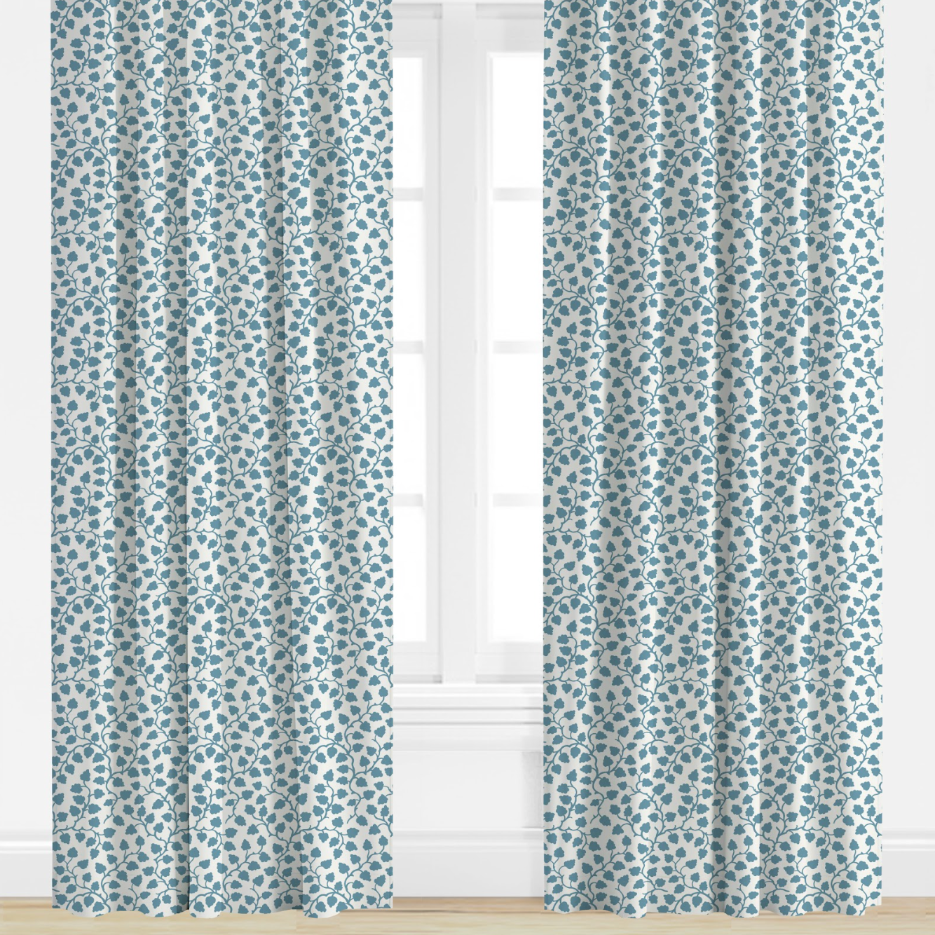 blue Patterned curtains on a window with a white background