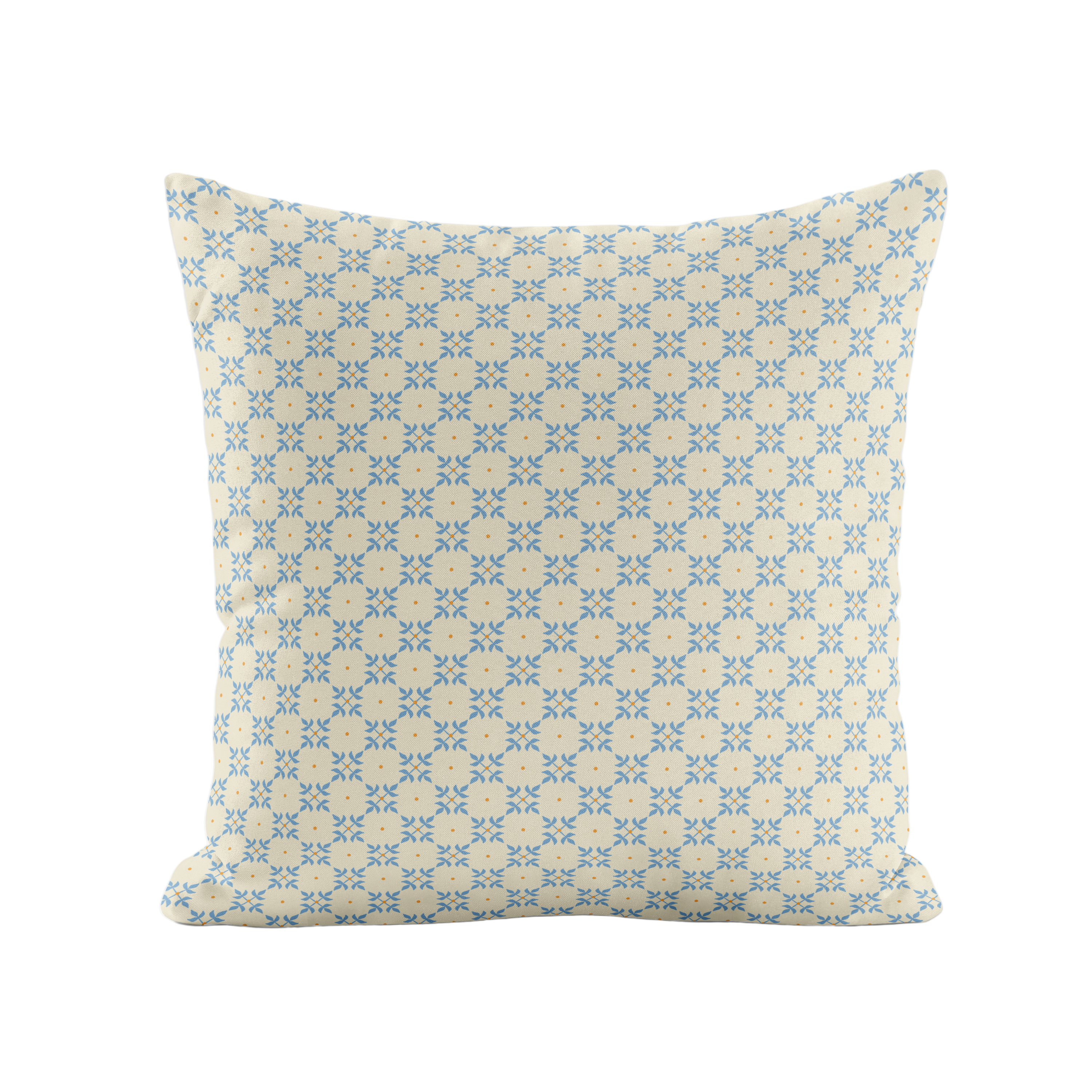 Decorative pillow with a blue and orange geometric pattern on a white background