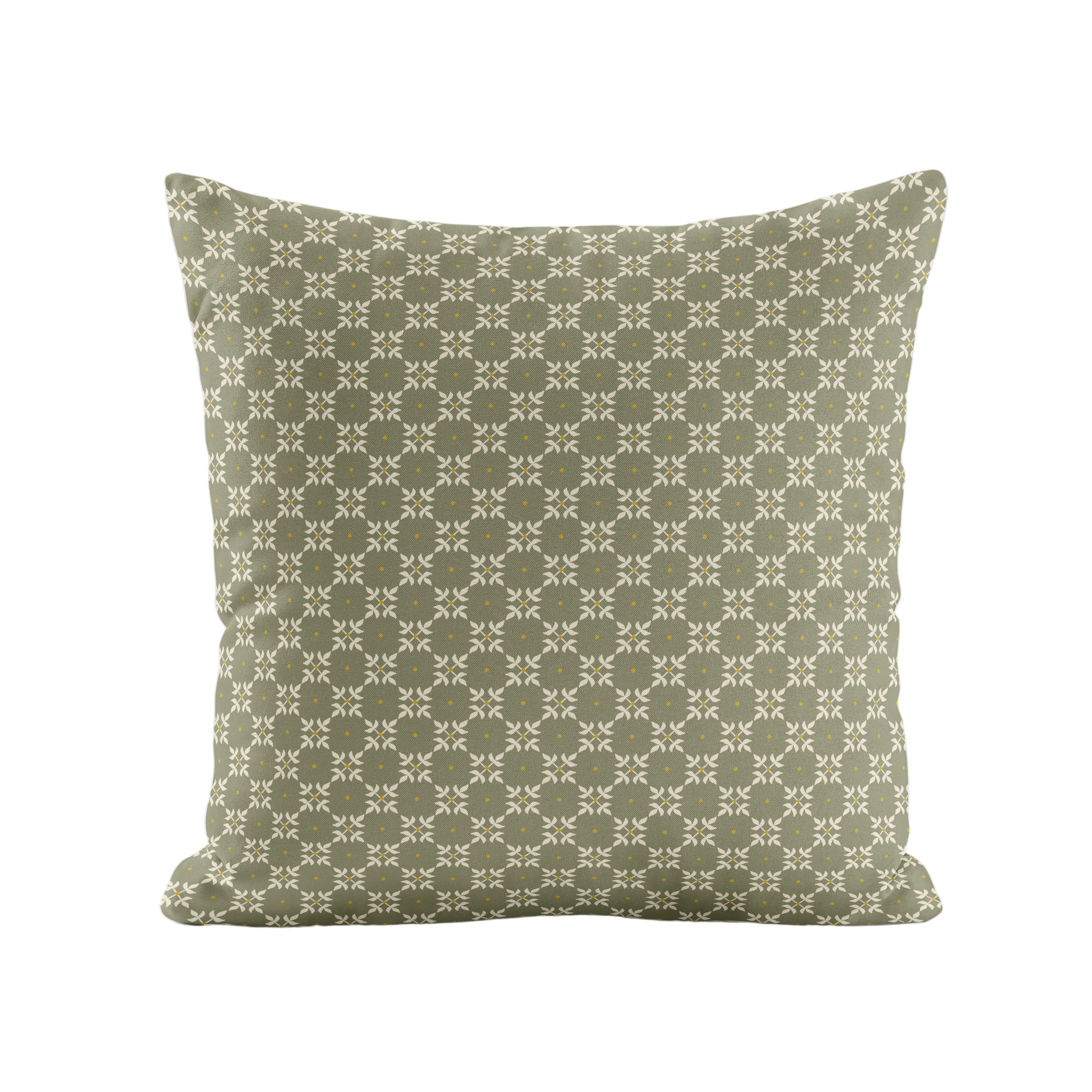 Green geometric patterned pillow on a white background