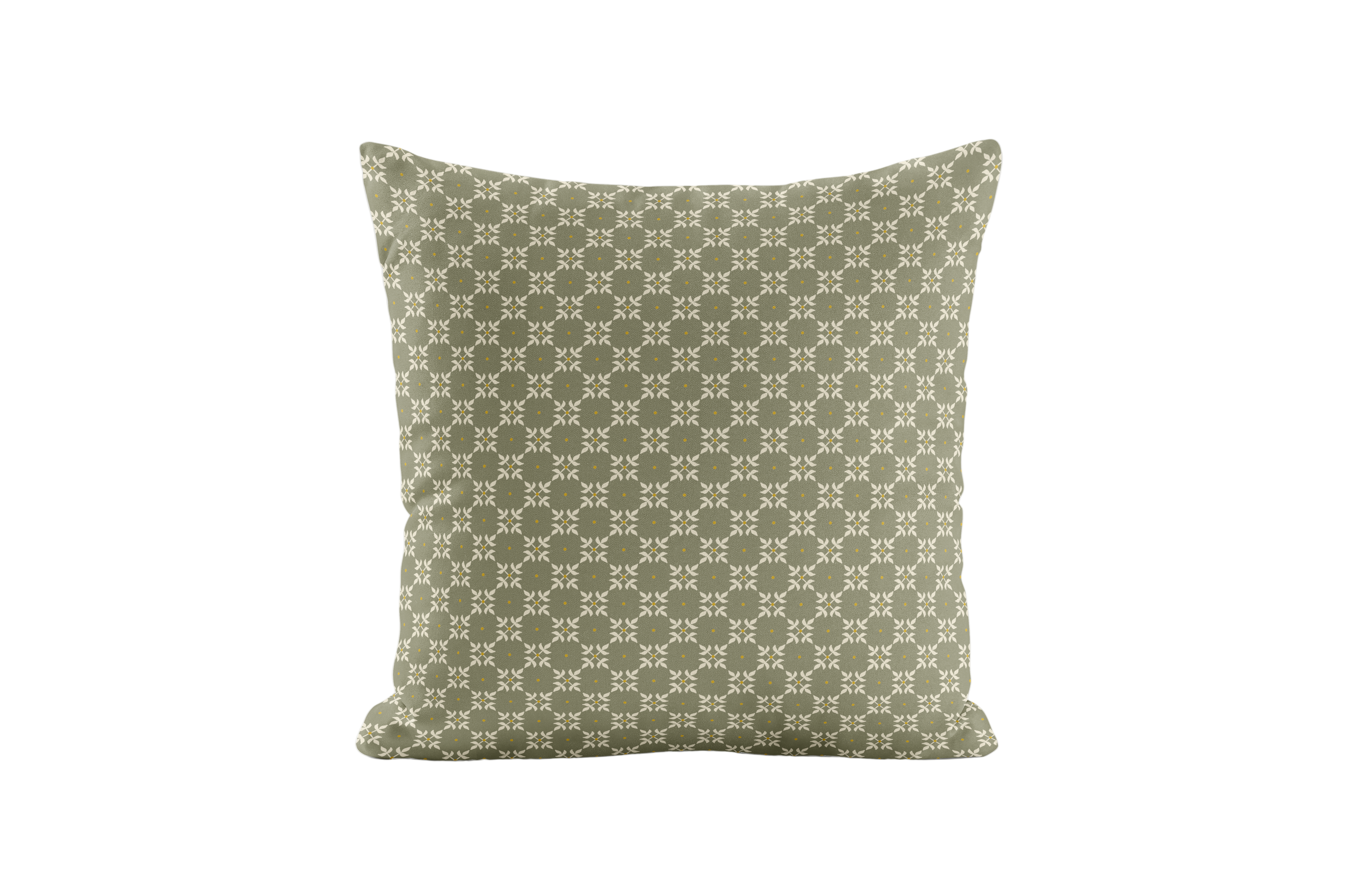 Green geometric patterned pillow on a white background