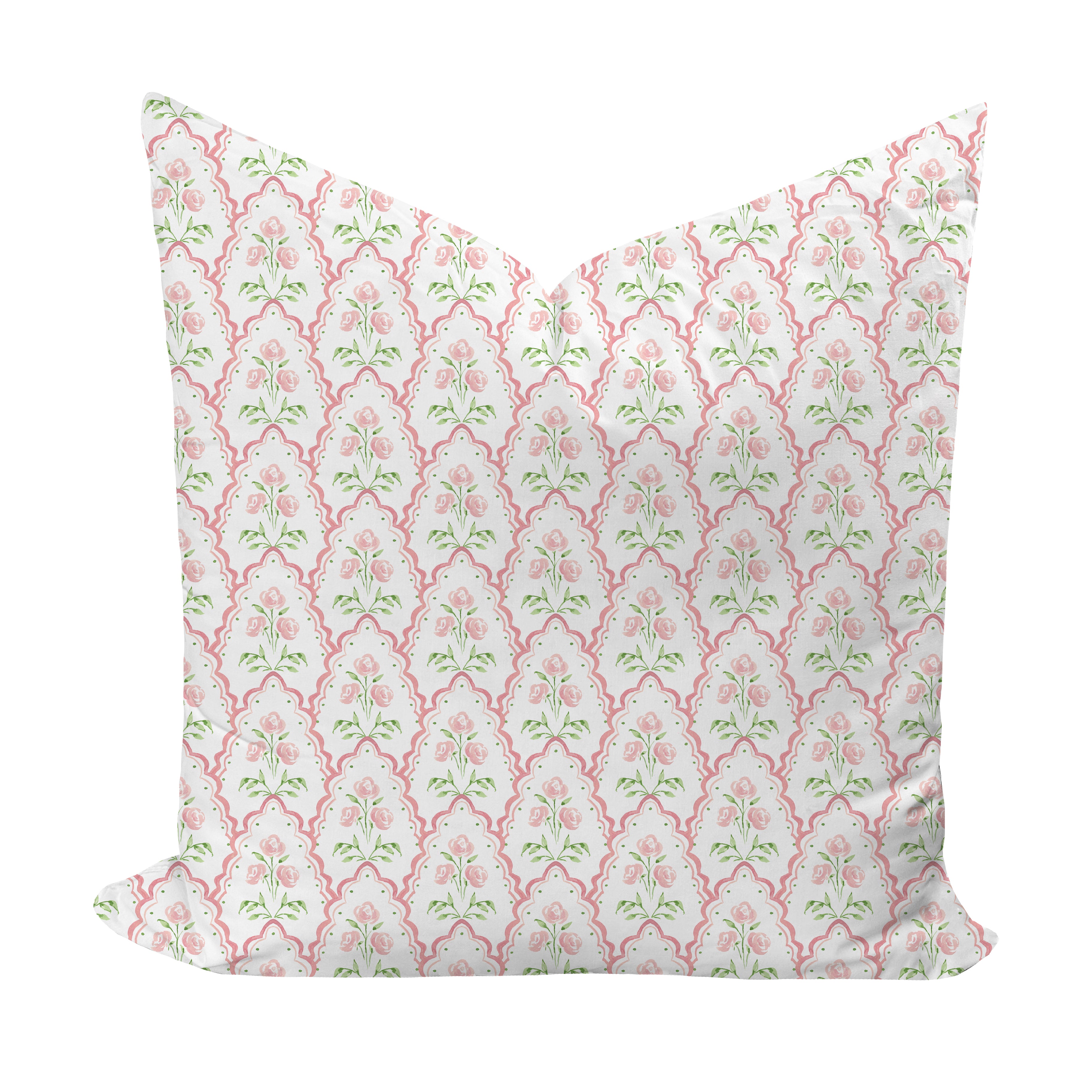 Floral patterned pillow cover in pink and green