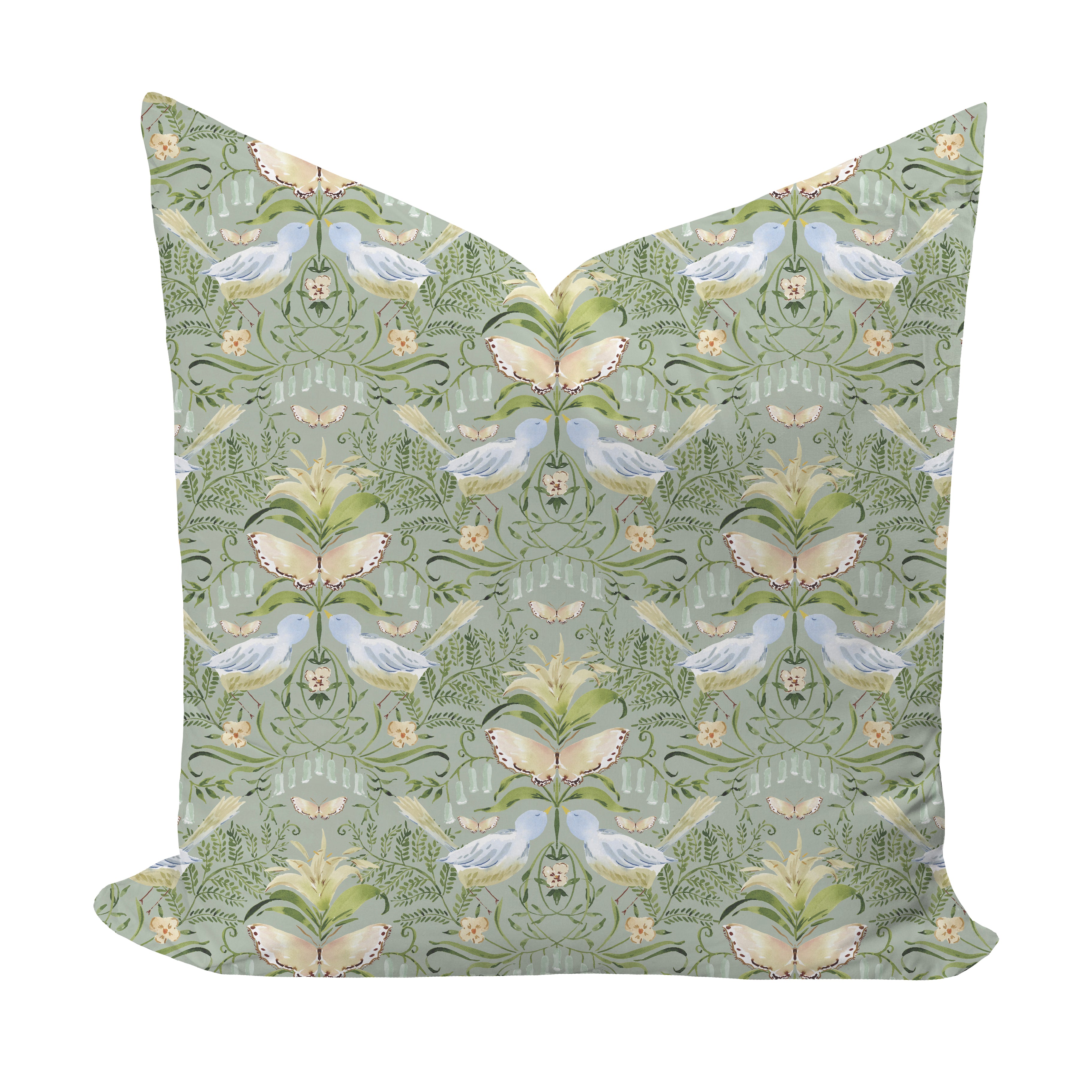 Floral and bird patterned pillow cover by Camilla Moss