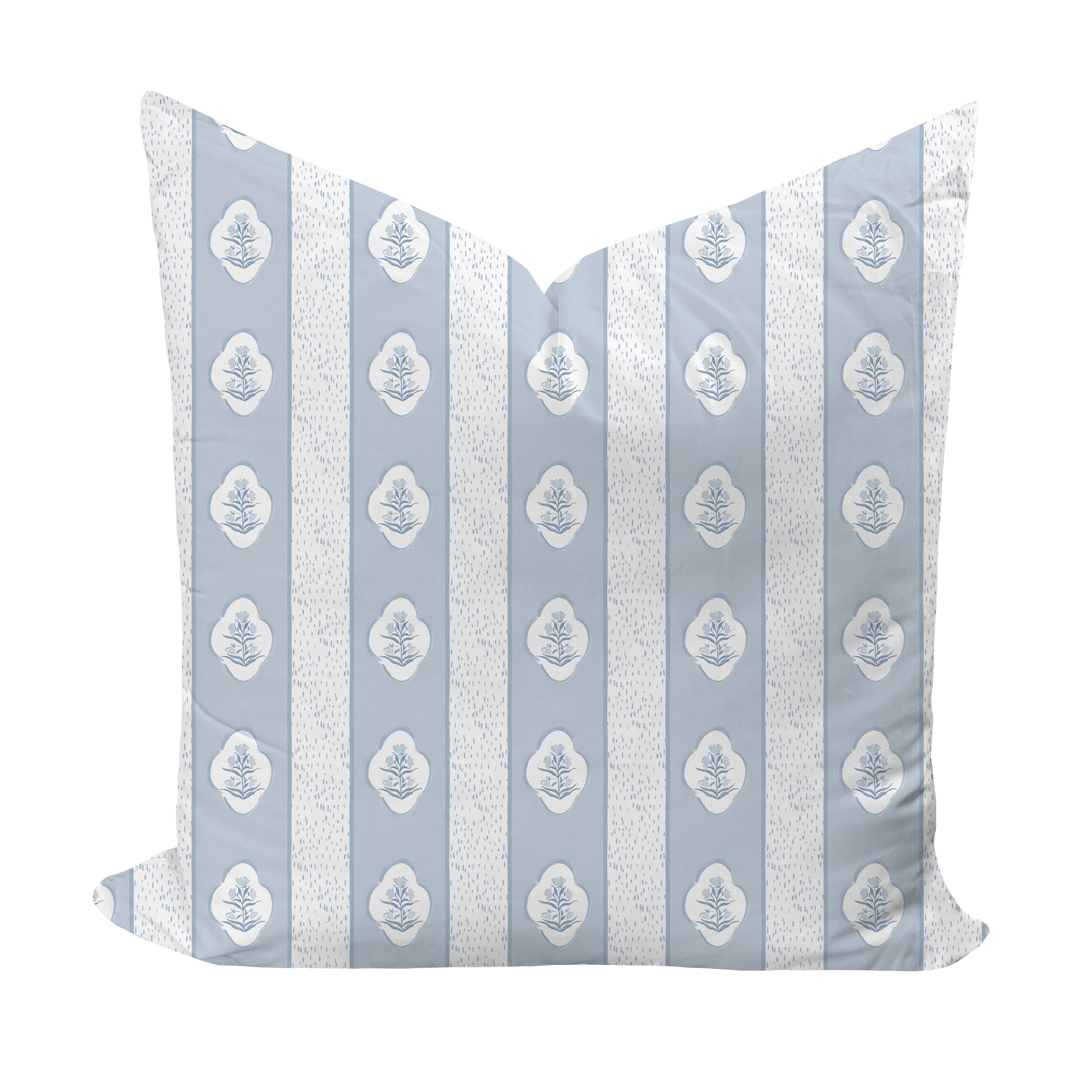 Decorative pillow with blue and white floral striped pattern on a white background