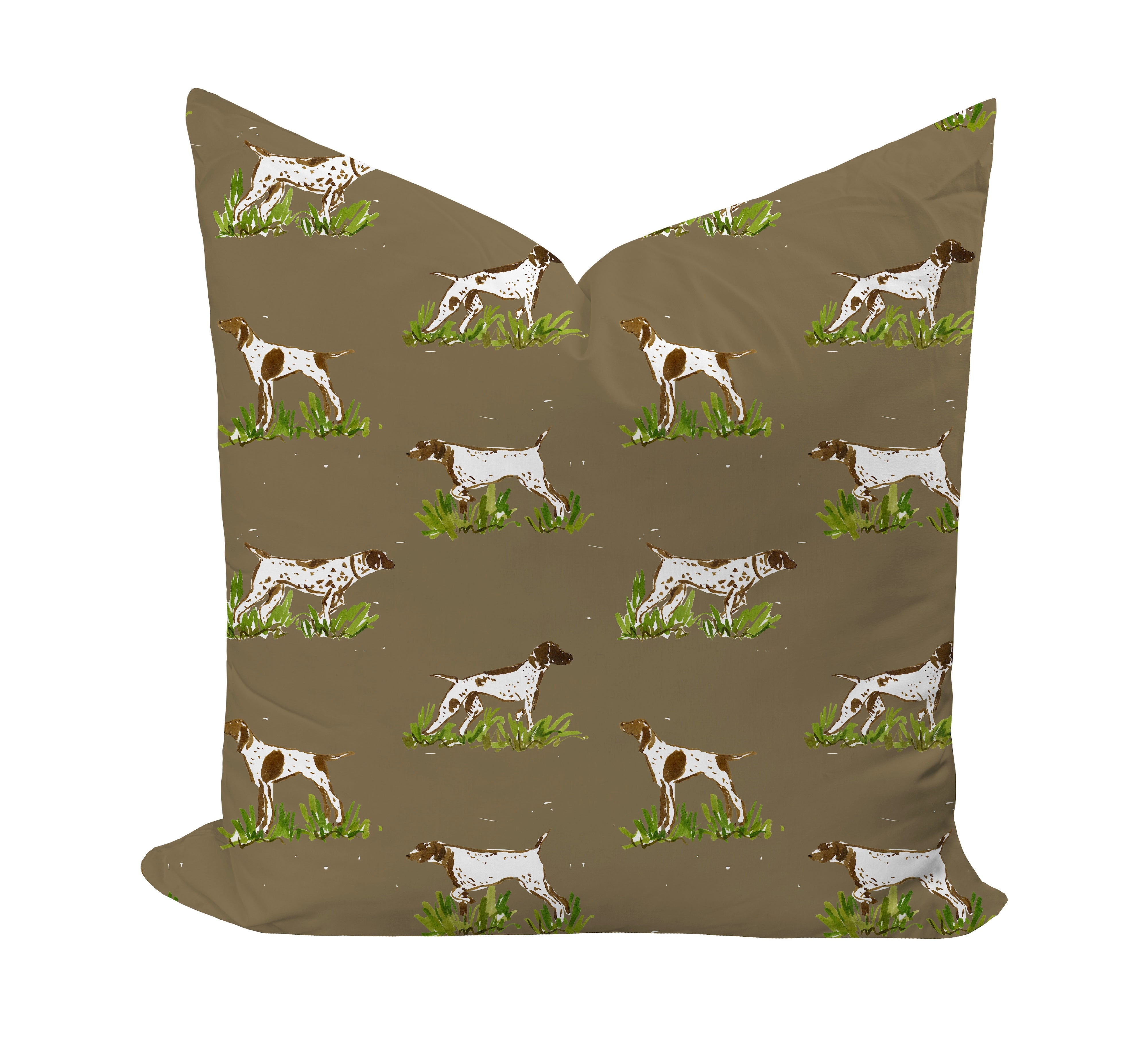 Pillow with a pattern of dogs on a brown background by Camilla Moss