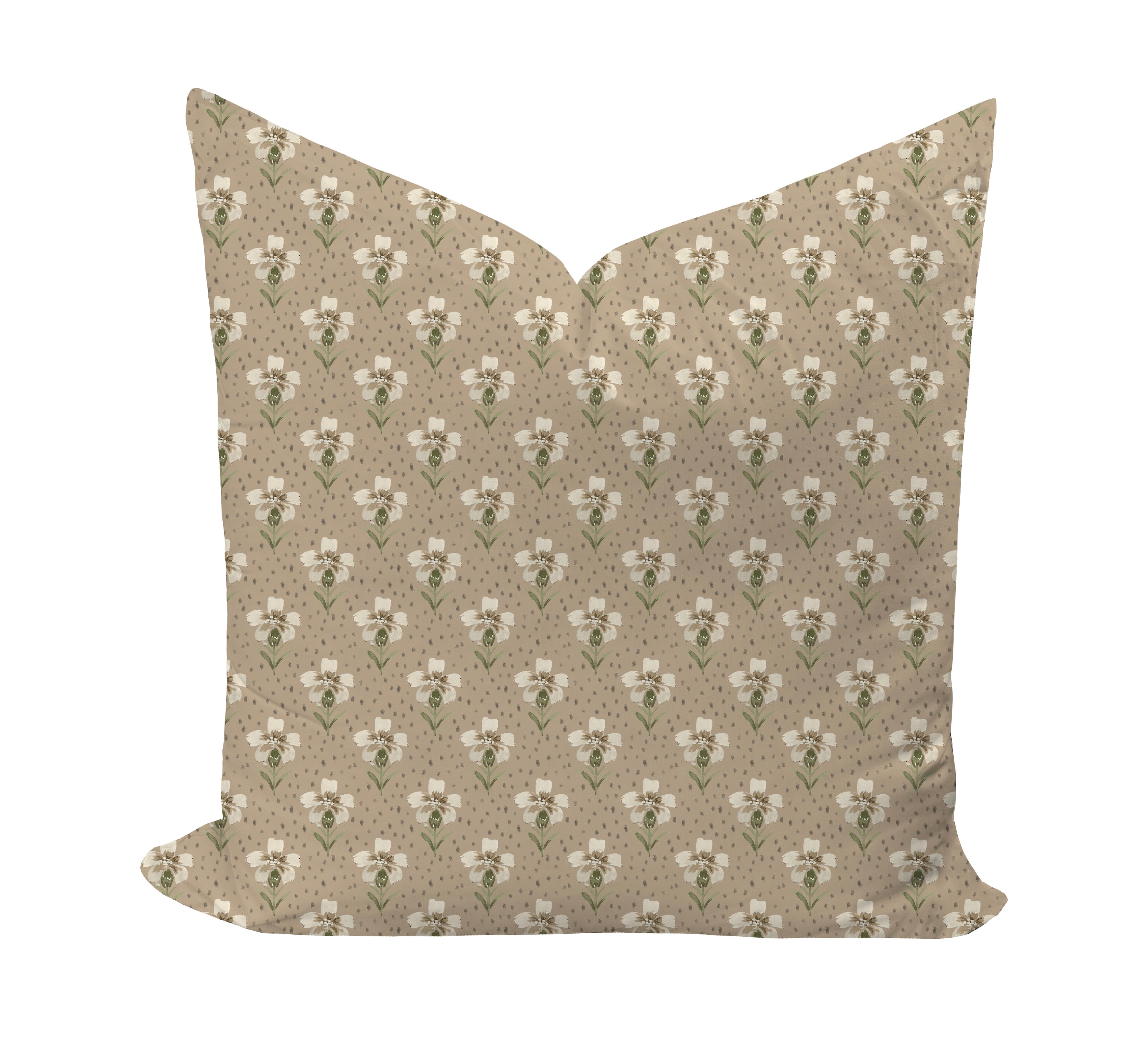 Floral patterned pillow on a beige background by Camilla Moss