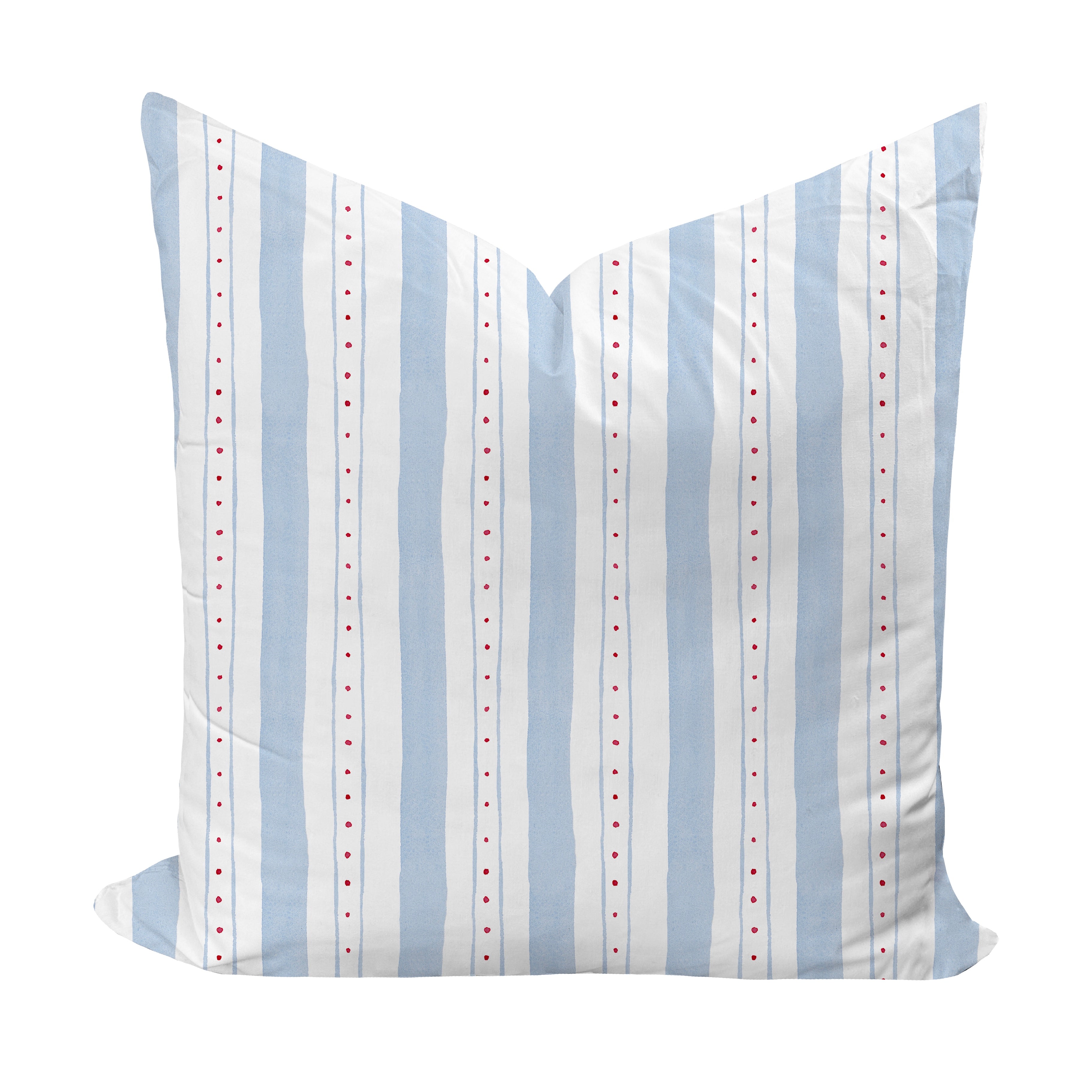 Striped pillow with blue and red pattern on a white background