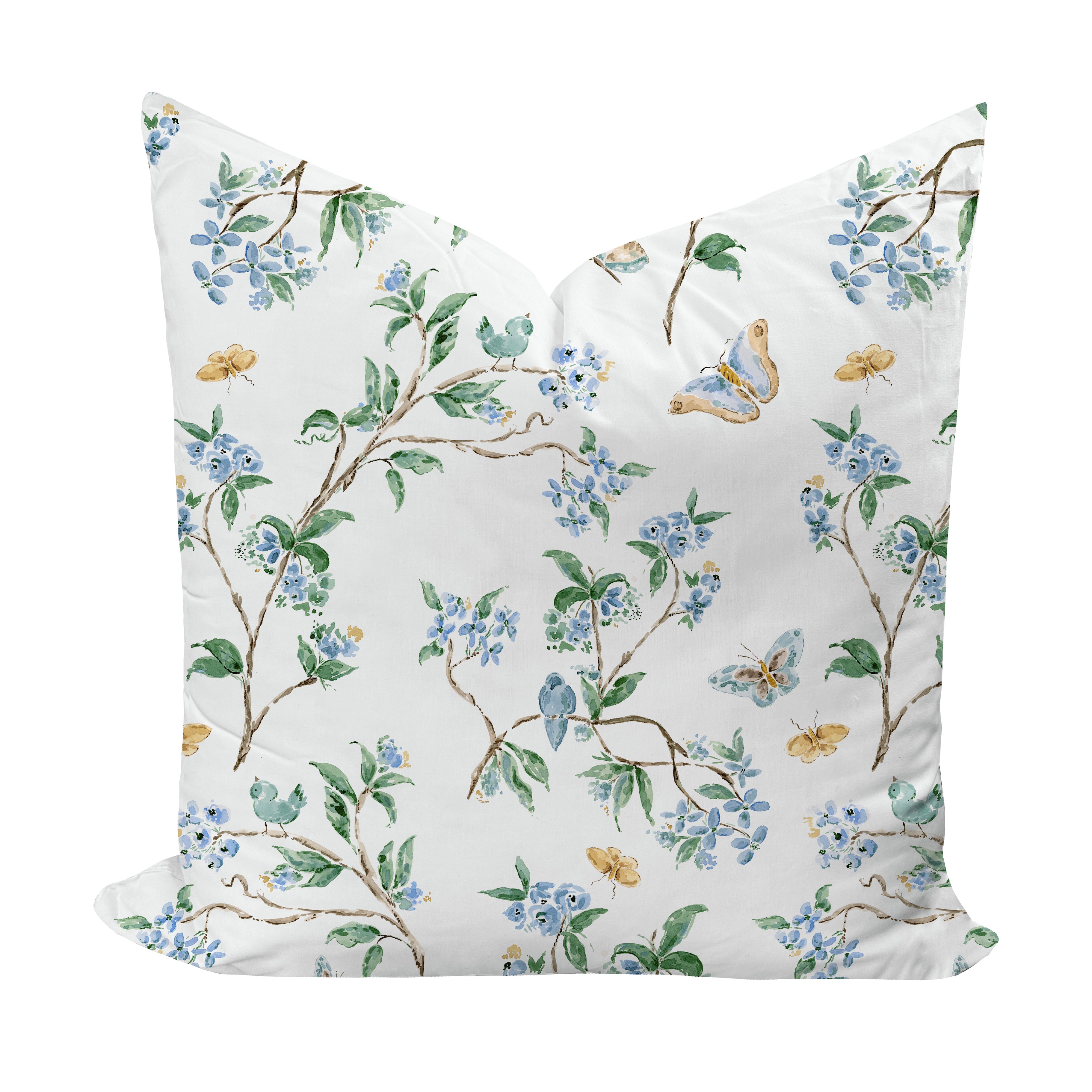 Floral patterned pillow with birds and butterflies in blue
