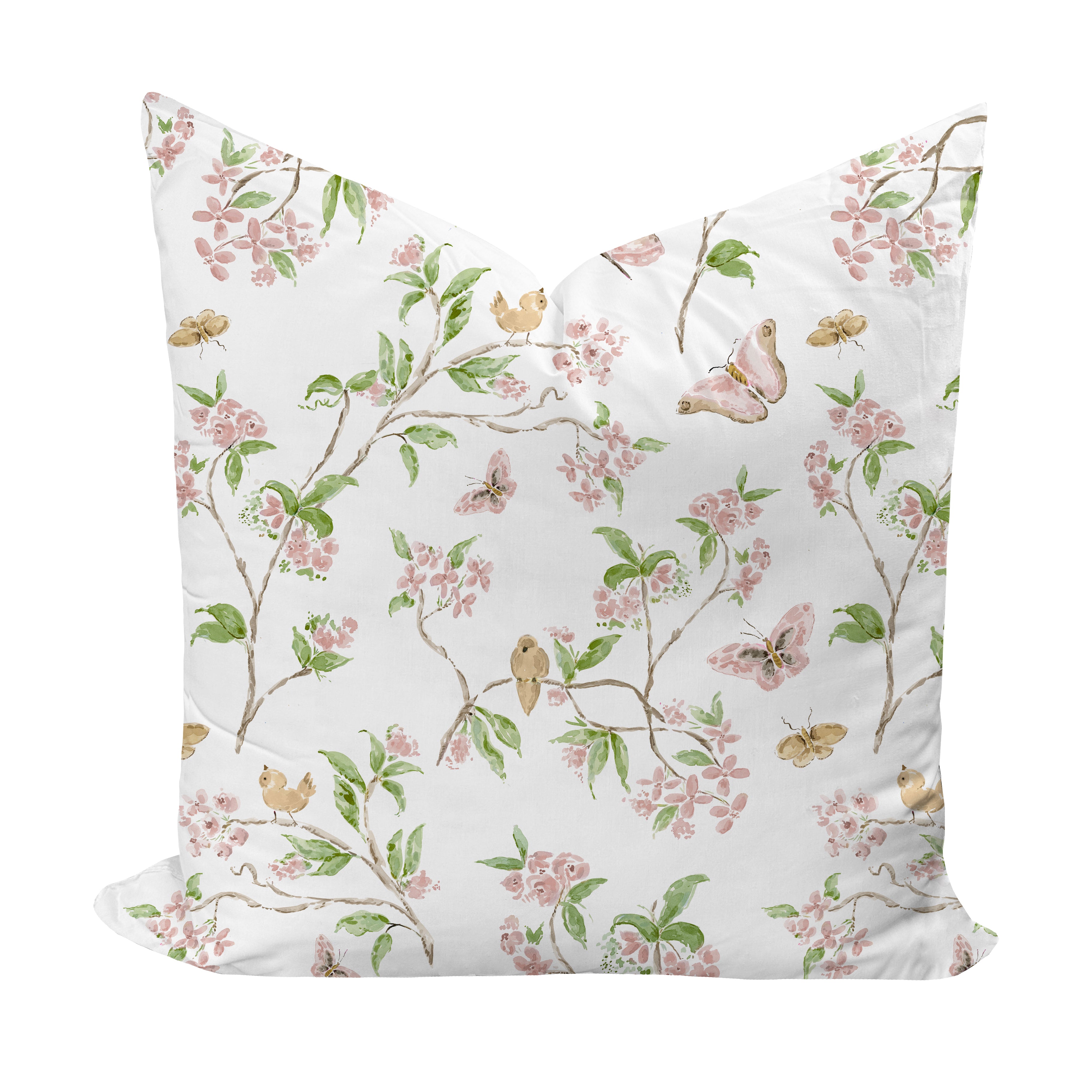 Pillow cover with butterflies and birds in pink and green