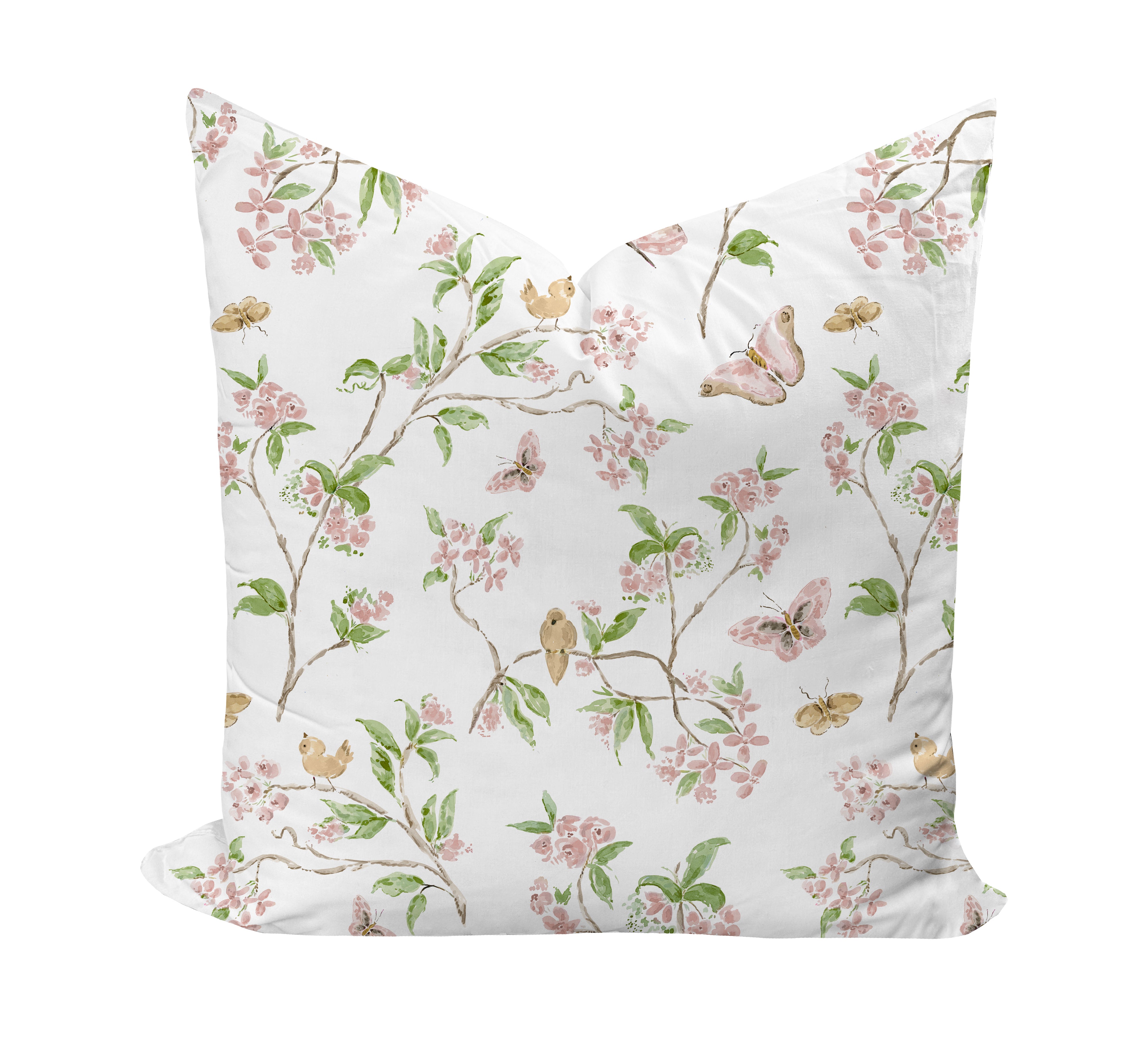 Pillow cover with butterflies and birds in pink and green