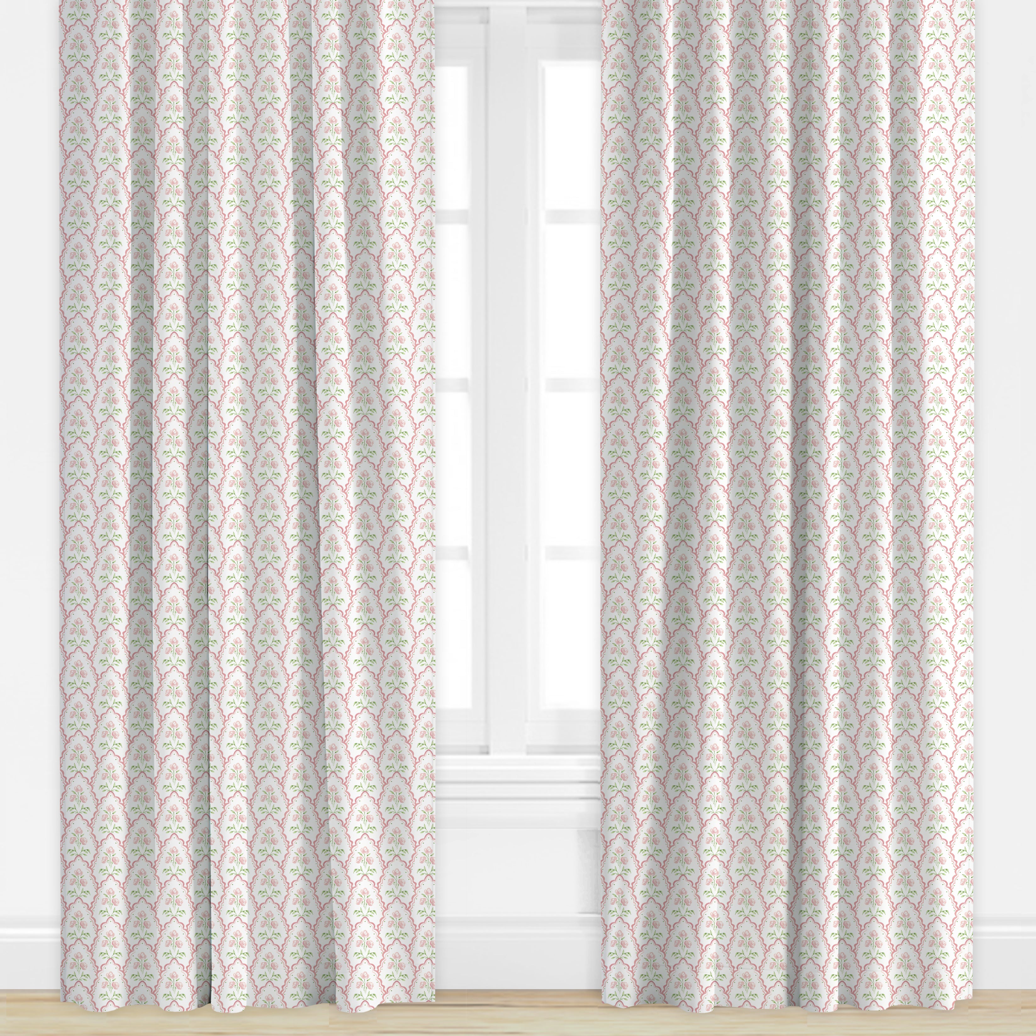Pink patterned floral drapes by Camilla Moss