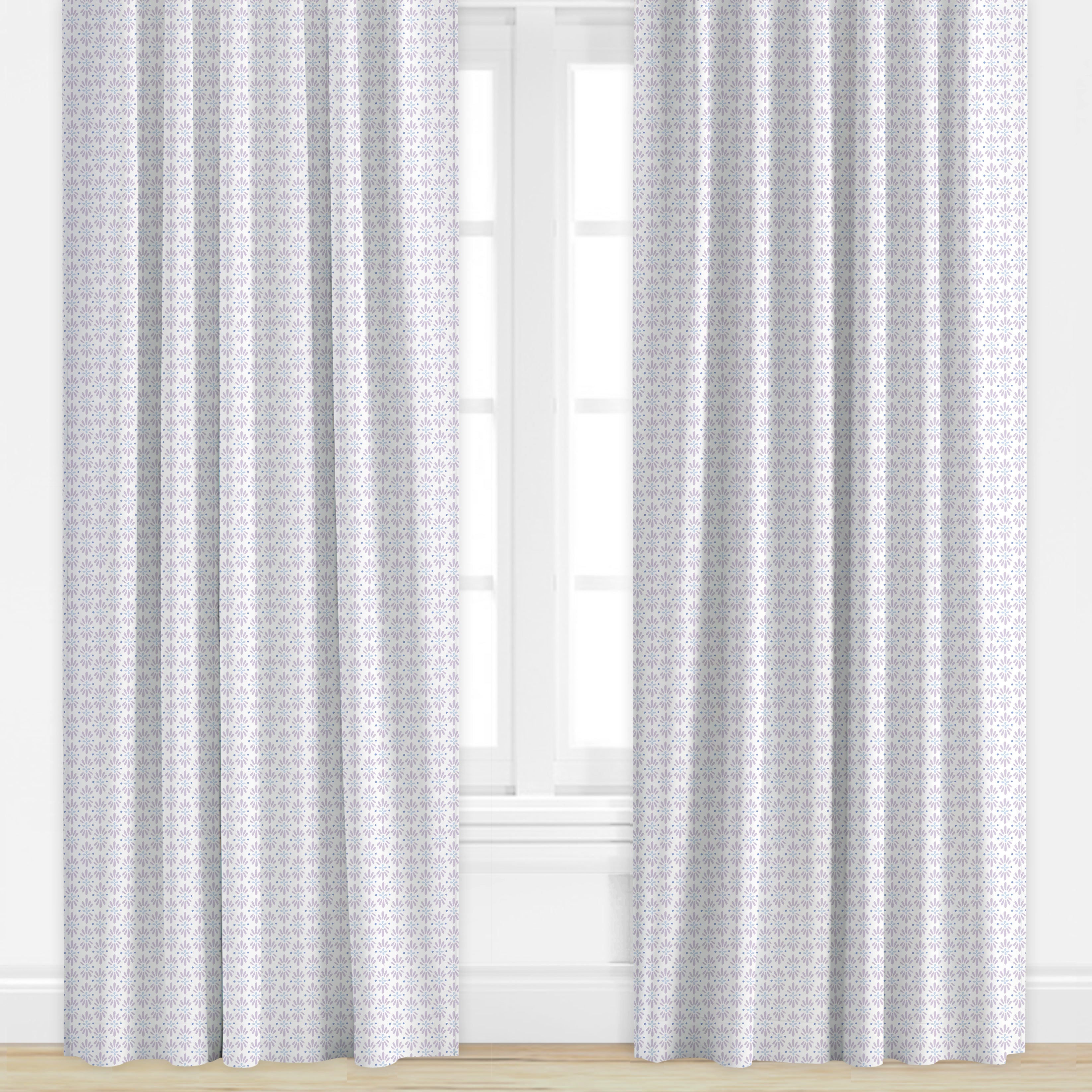 Purple patterned drapes by Camilla Moss