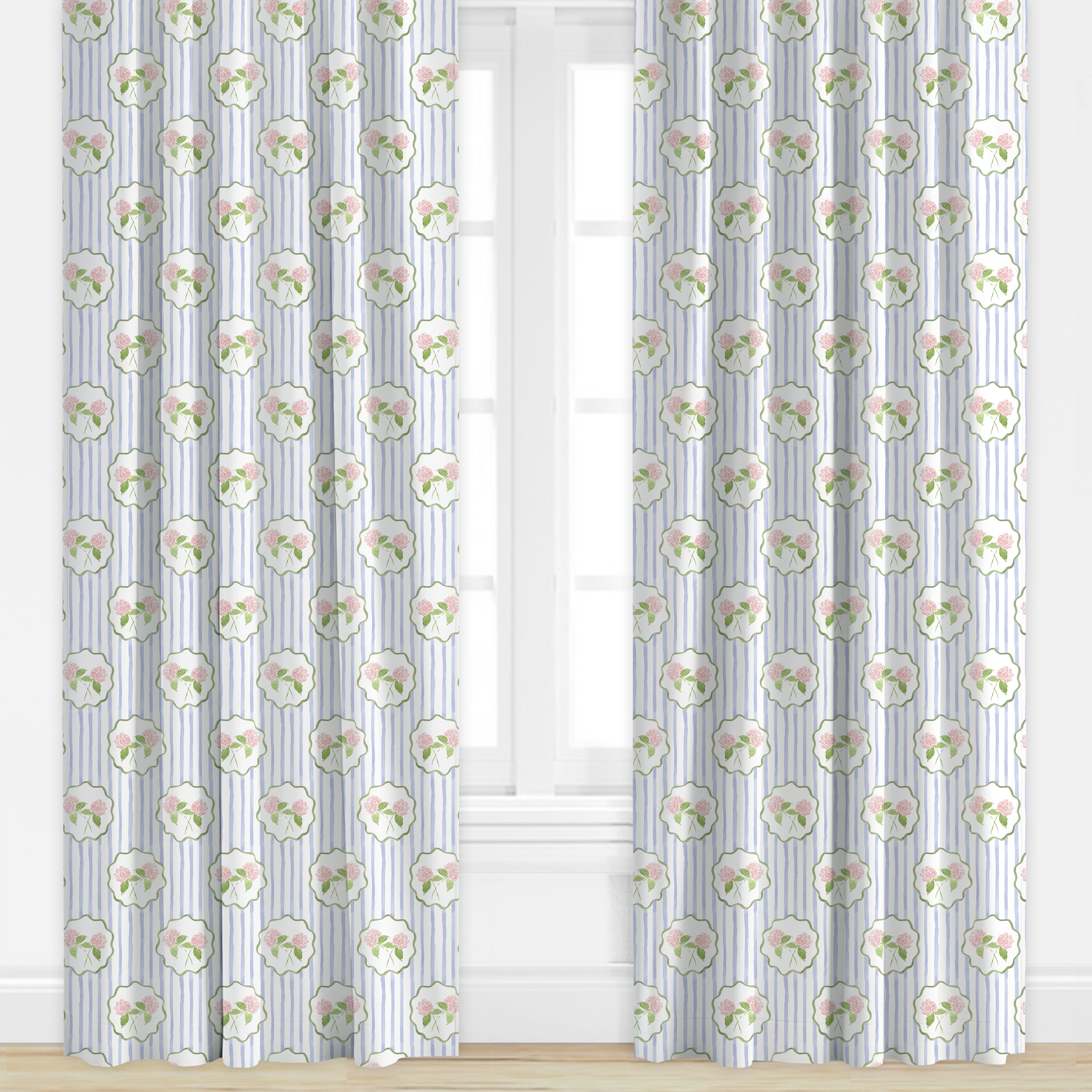 Striped and floral drapes in pink, blue and green by Camilla Moss