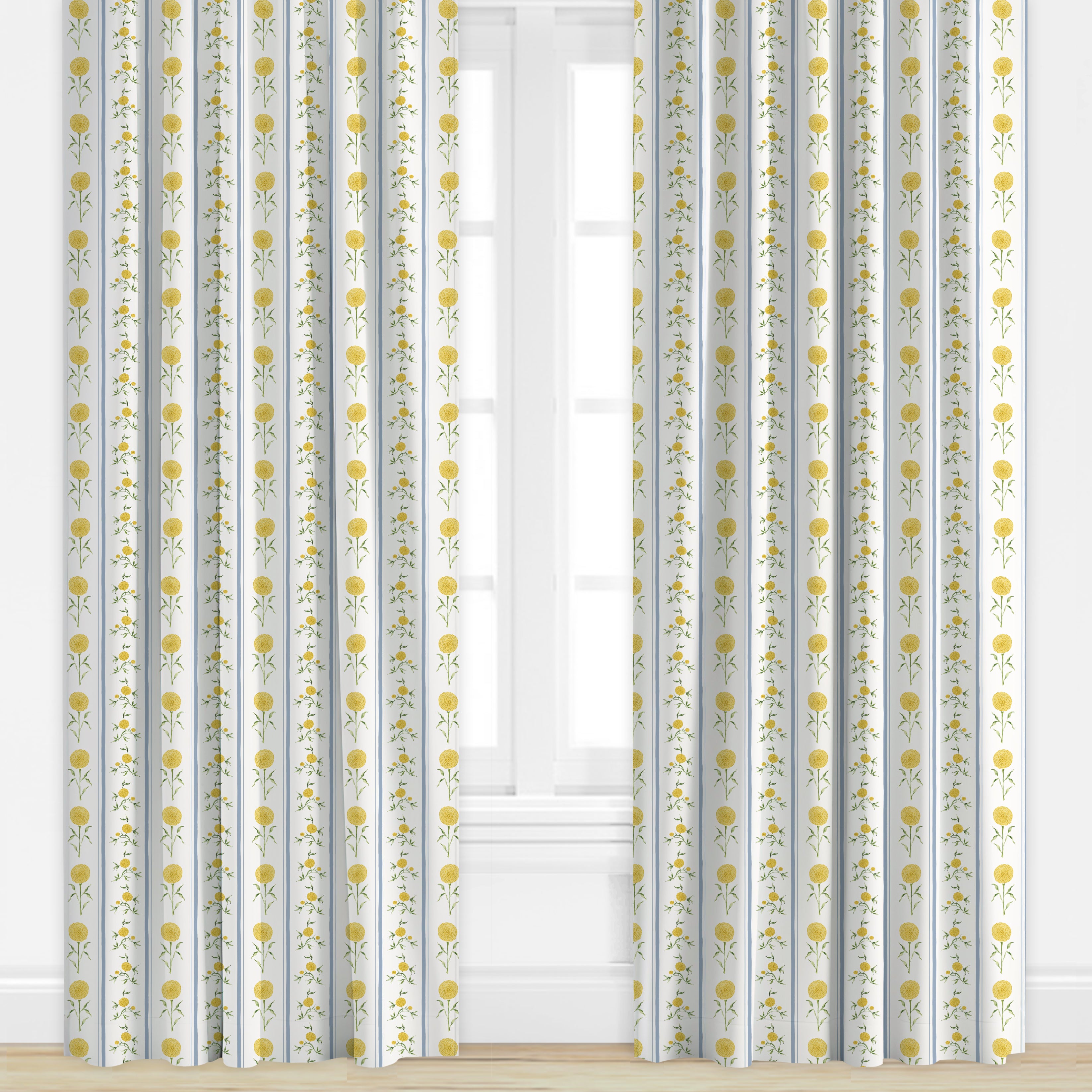 Curtains with a blue and yellow floral pattern on a white background