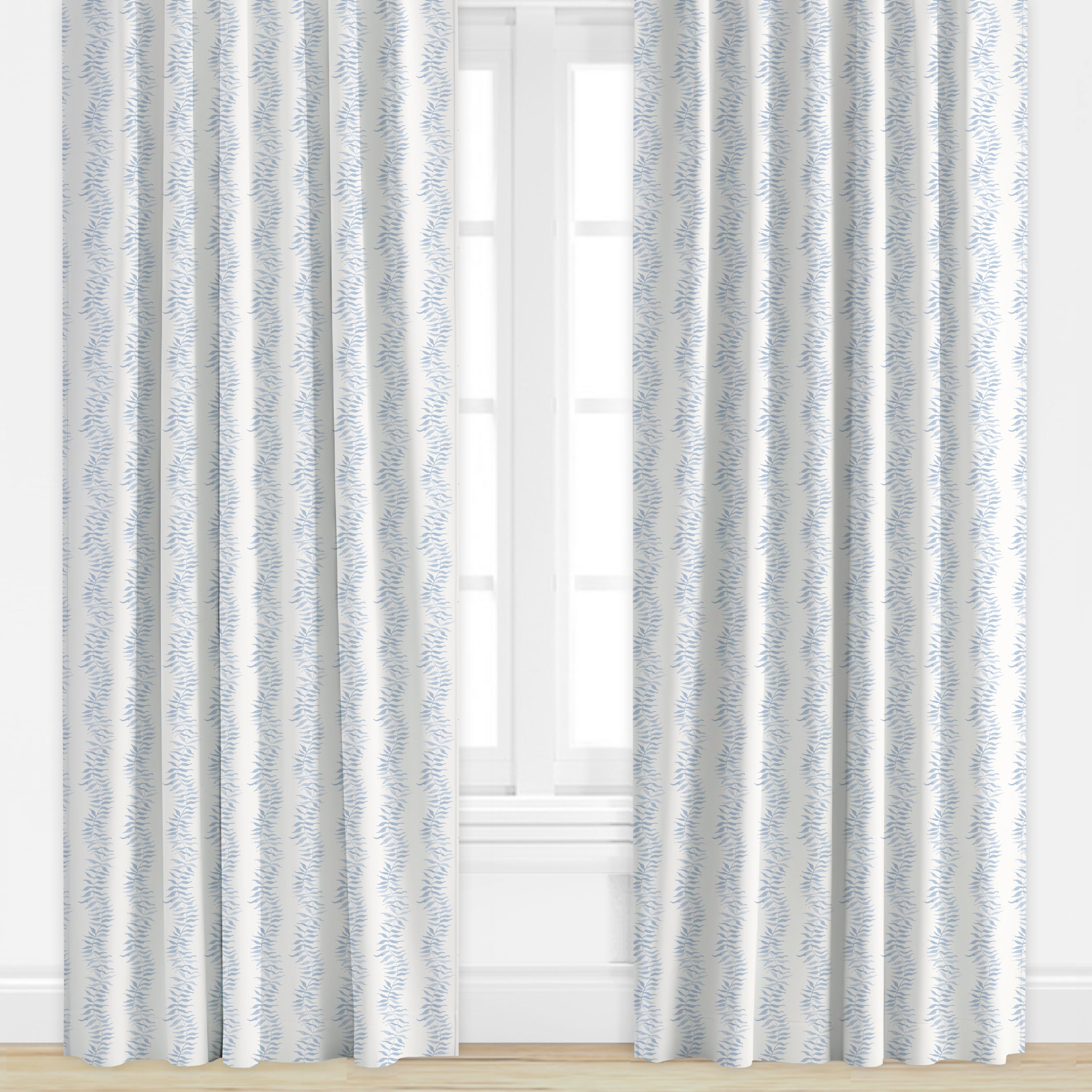 Blue patterned drapes by Camilla Moss