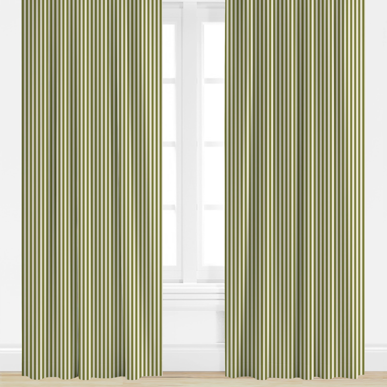 Pair of green striped curtains on a white window frame