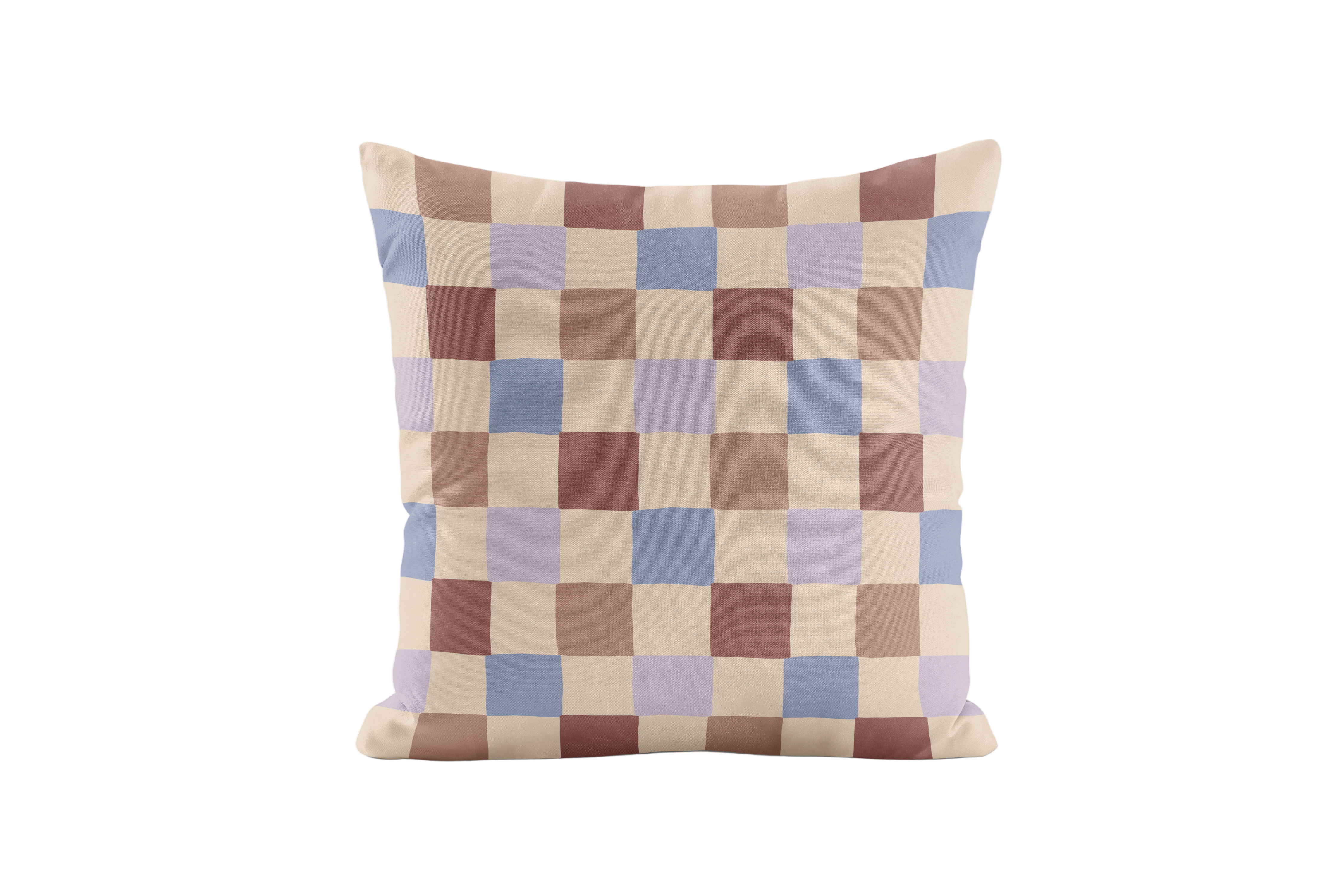 Checkered pillow with brown, blue, and purple squares on a white background