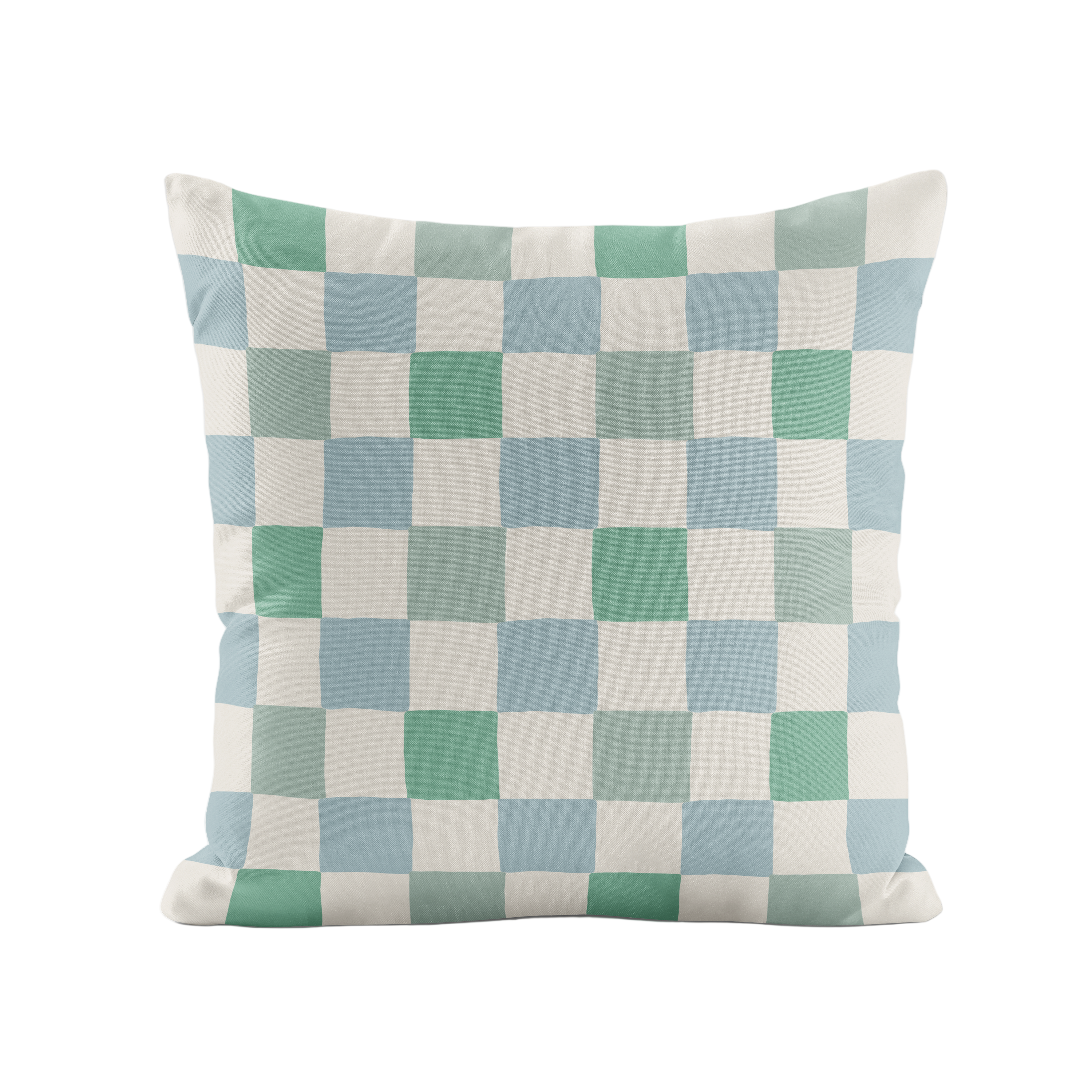 Checkered pillow with green and blue pattern on a white background