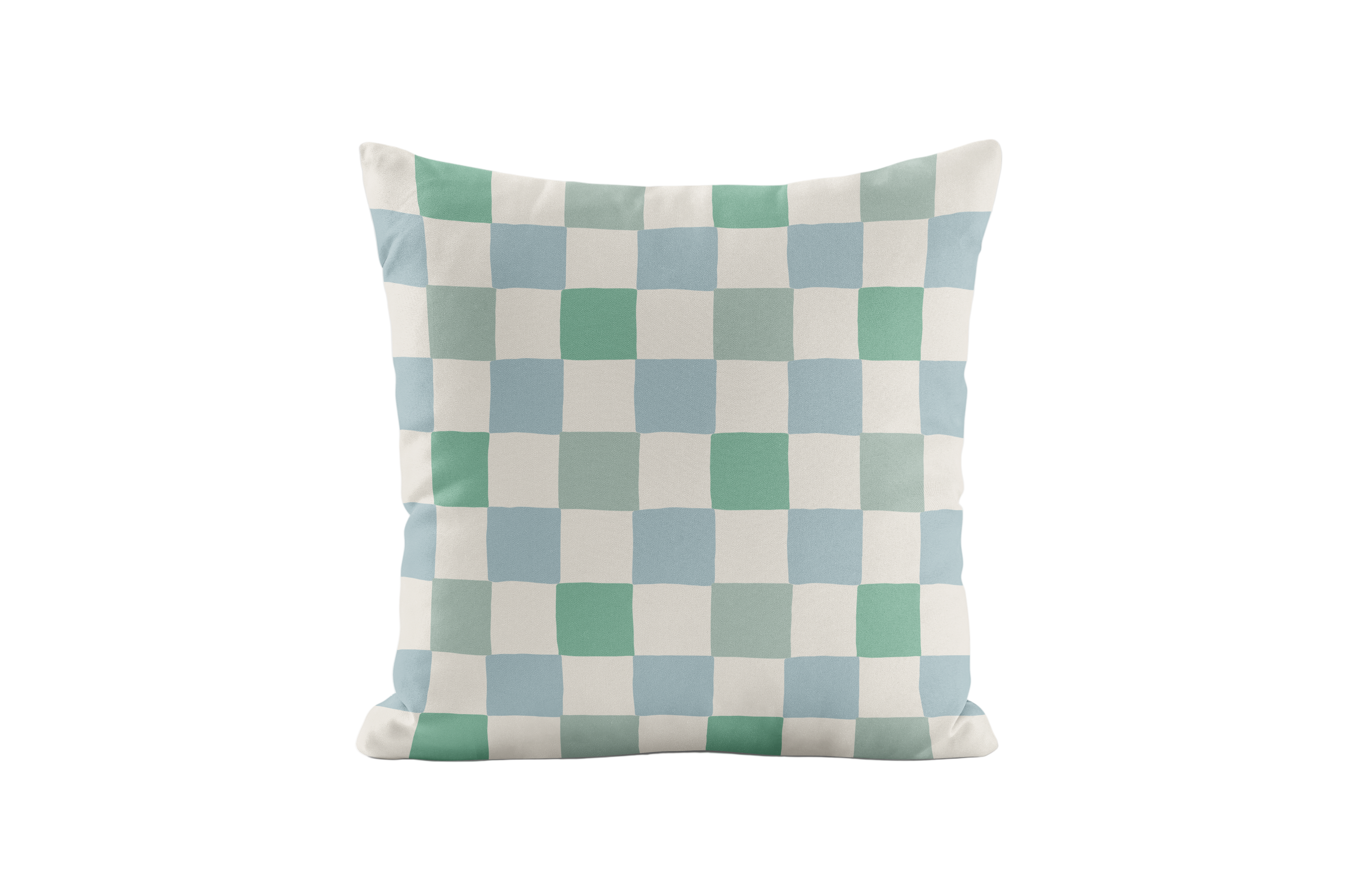 Checkered pillow with green and blue pattern on a white background