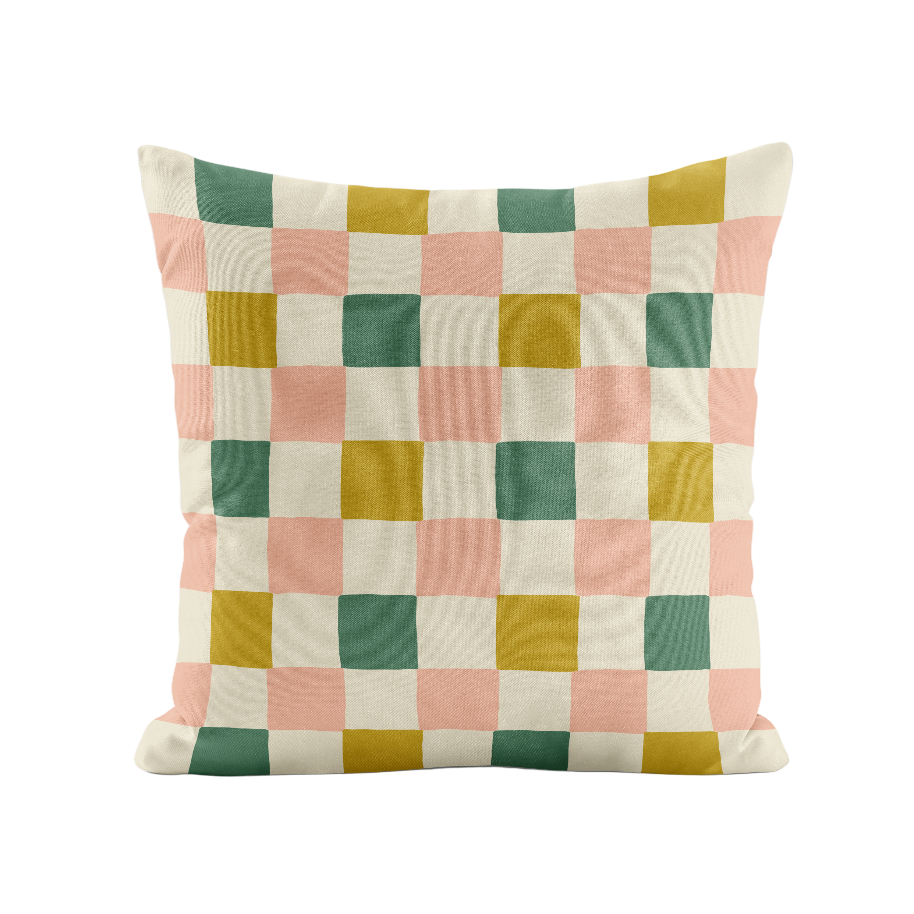 Checkered pillow with green, pink, and chartreuse squares on a white background