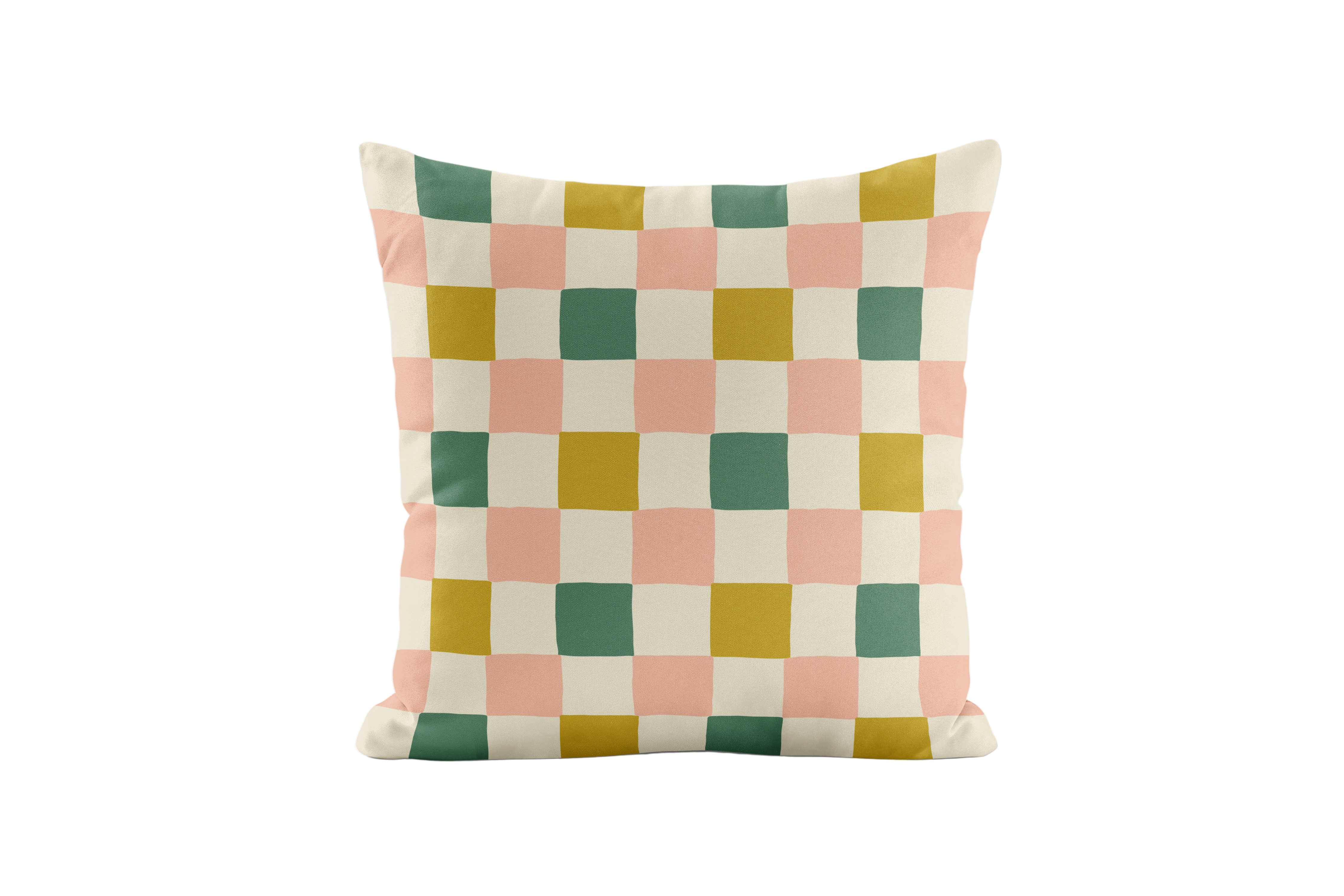 Checkered pillow with green, pink, and chartreuse squares on a white background