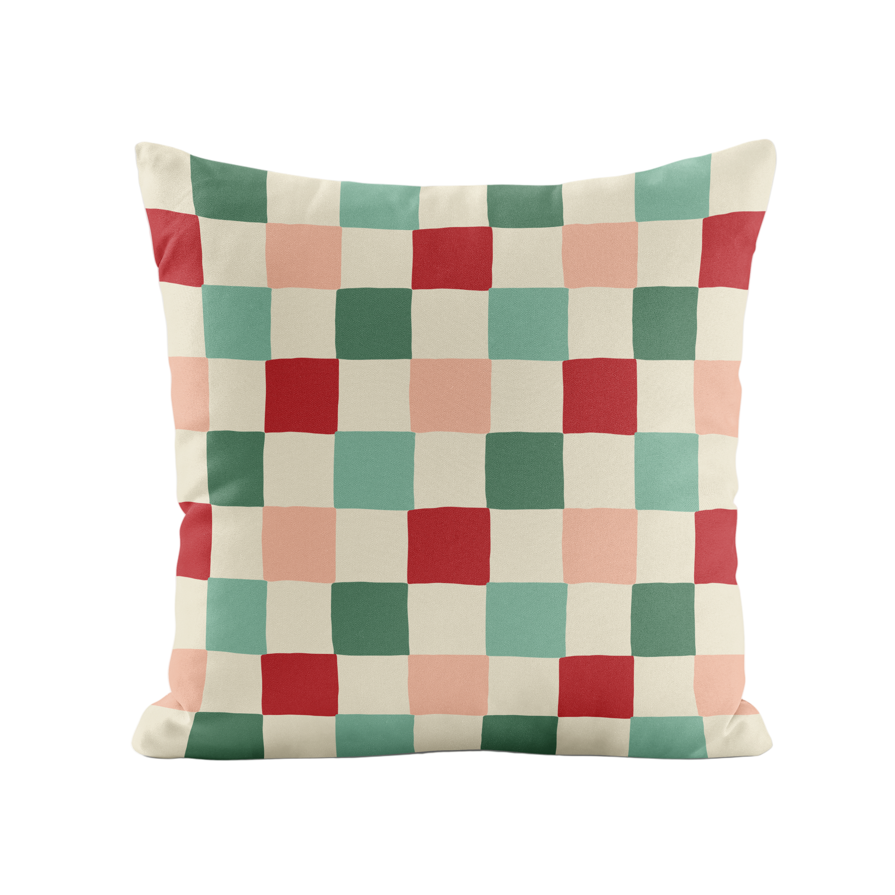 Checkered pillow with red, green, and beige squares on a white background