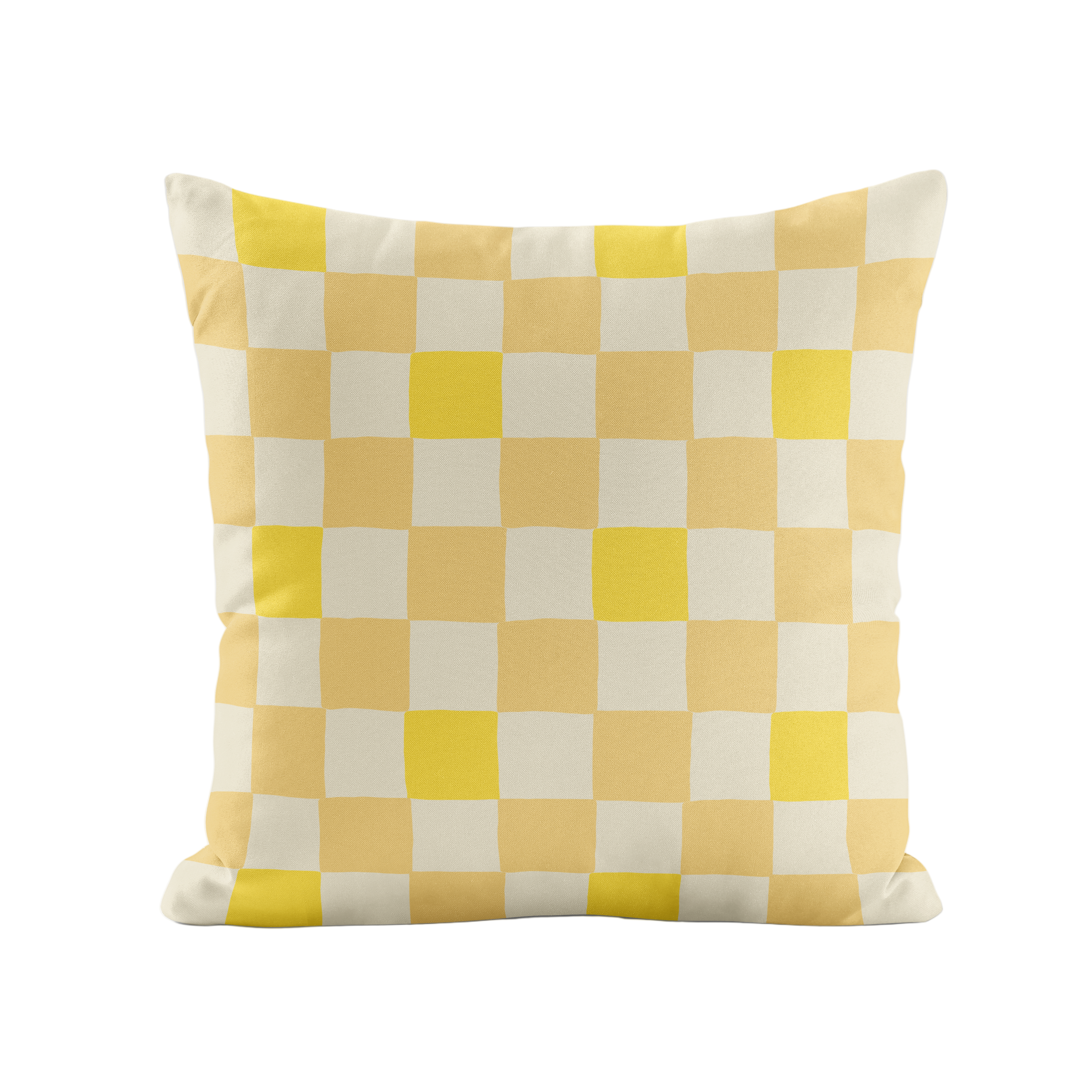 Yellow and white checkered pillow on a light gray background