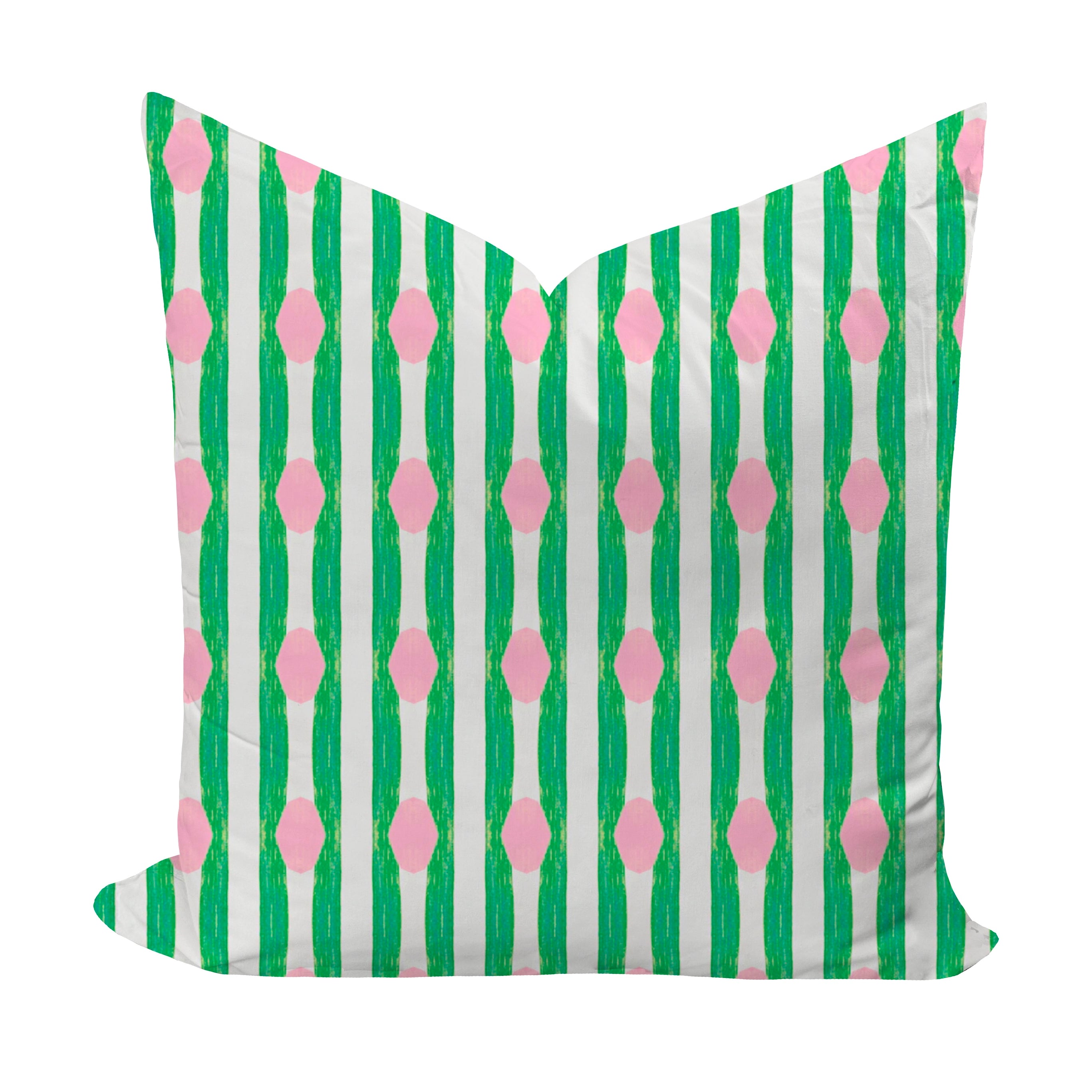 Decorative pillow with green and white striped pattern and pink diamond shapes on a white background