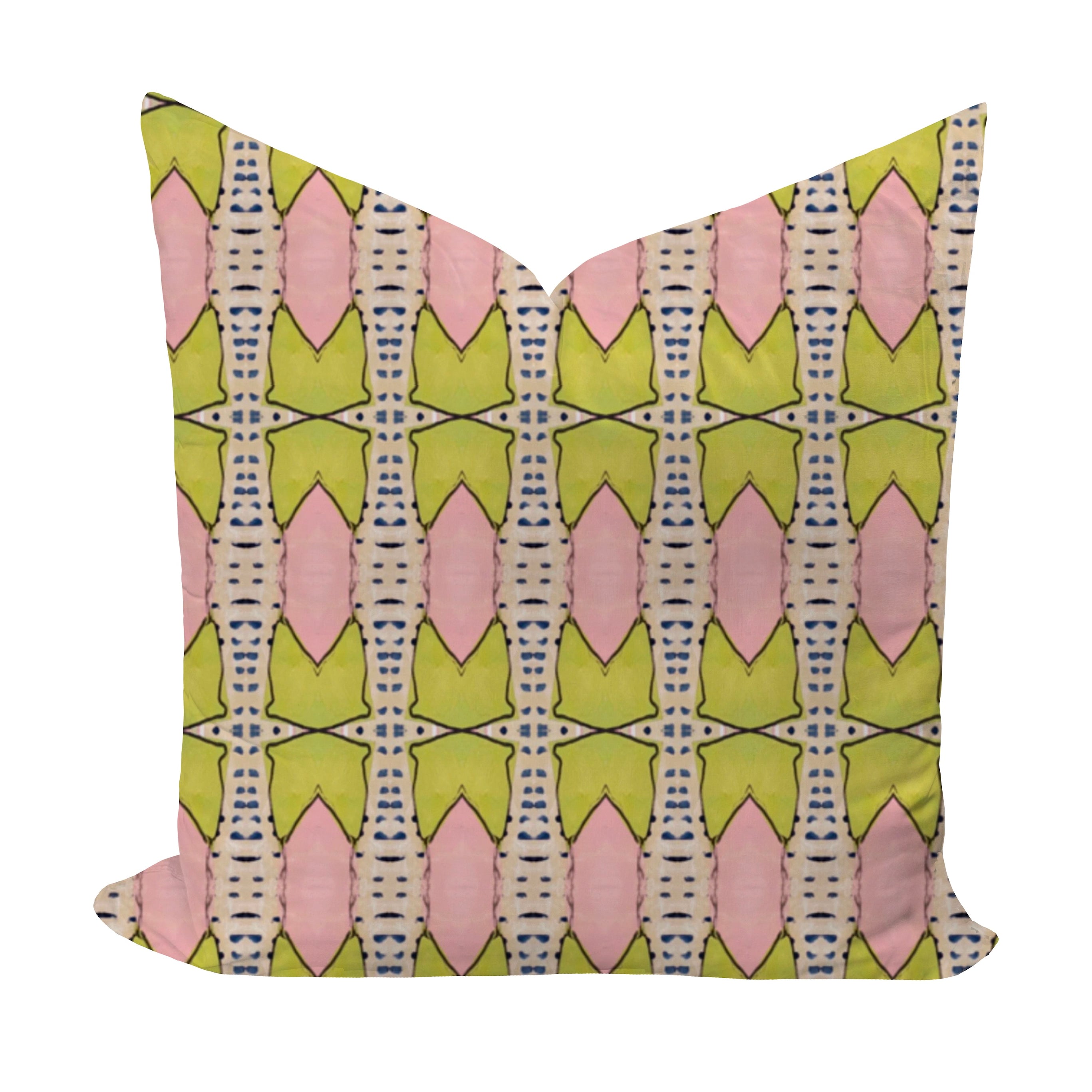 Decorative pillow with pink and green geometric pattern on a white background