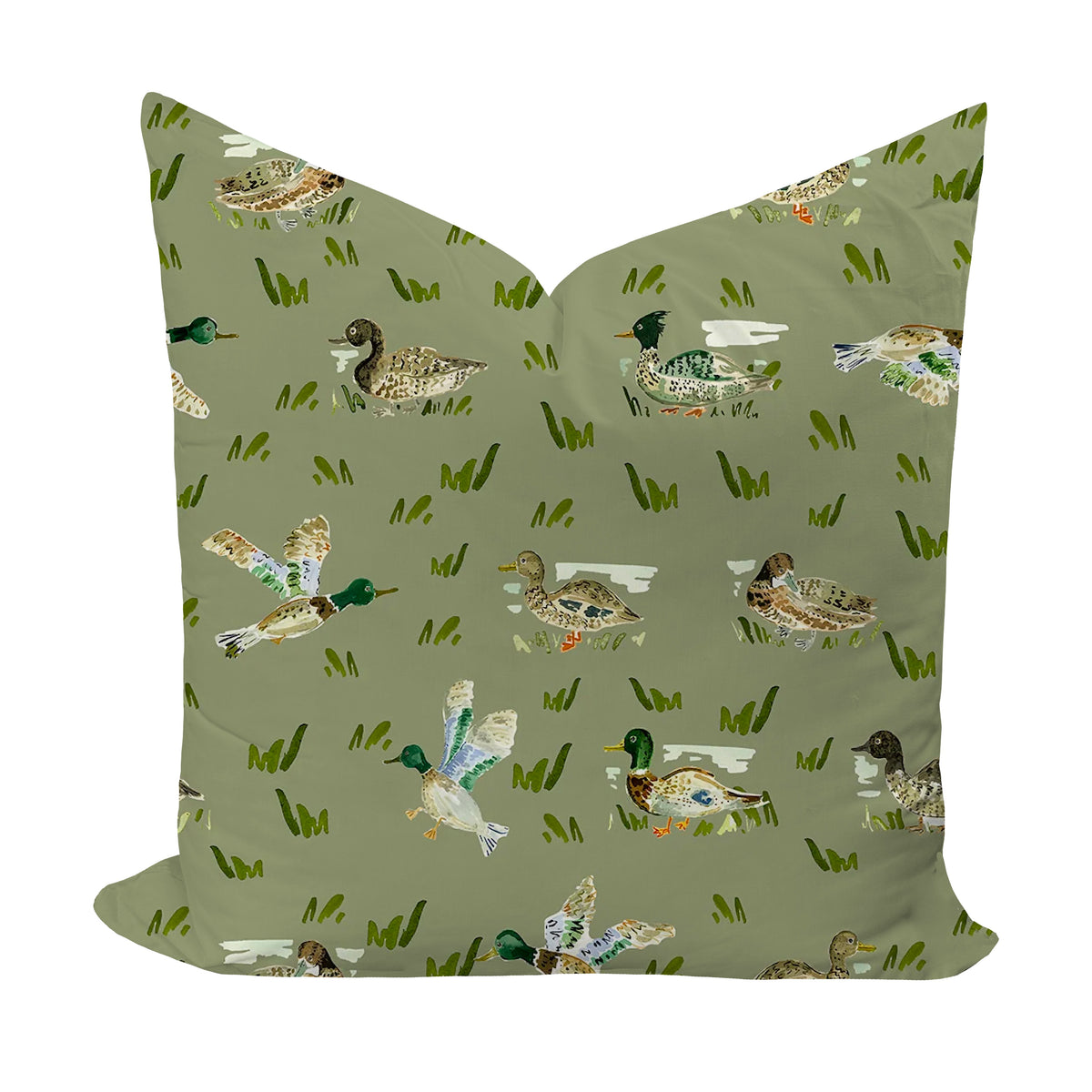 Green pillow cover featuring mallard ducks by evelyn henson