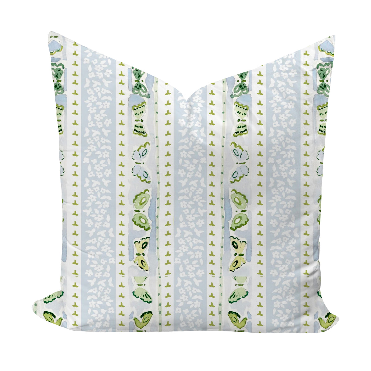 Pillow cover featuring butterflies in bue and green by evelyn henson