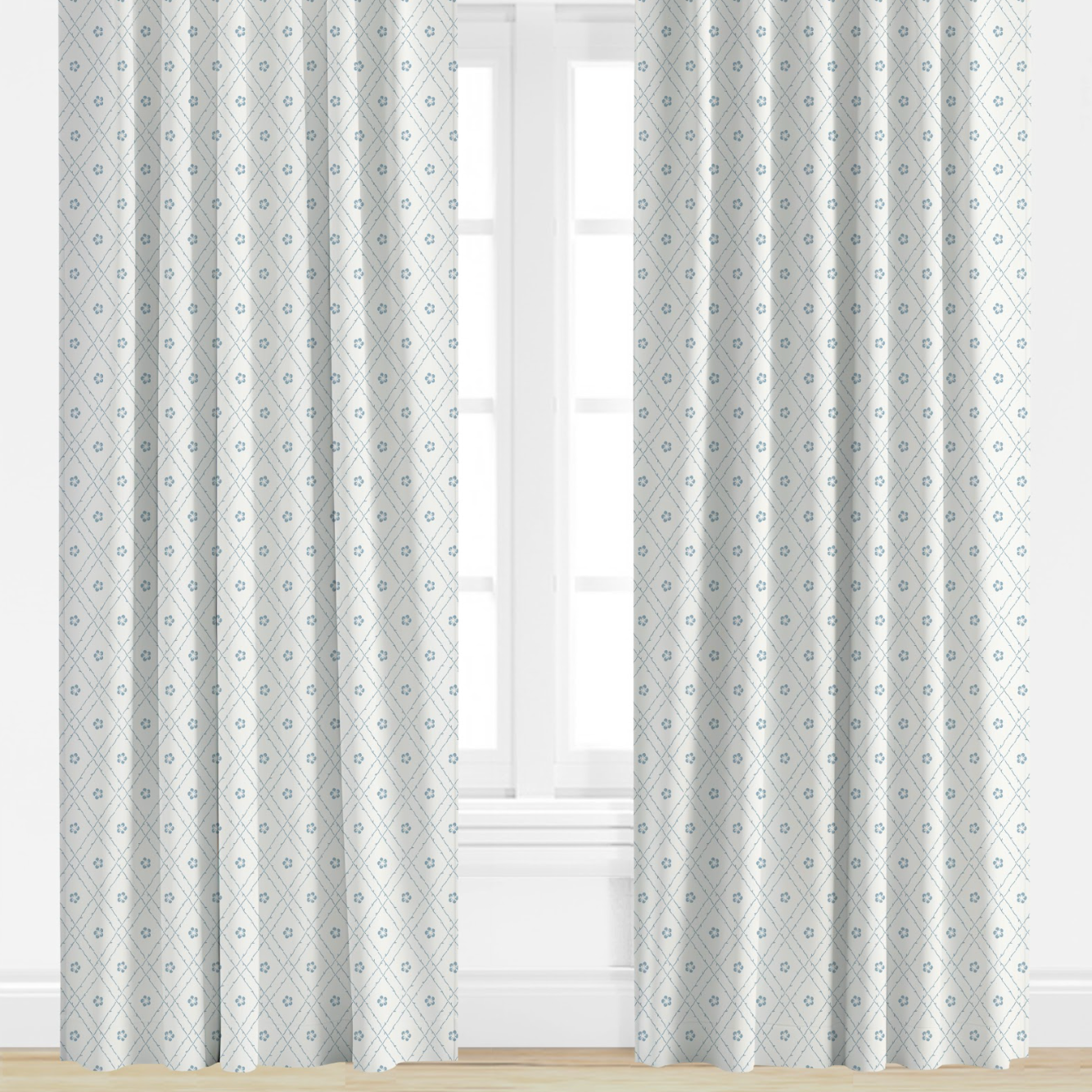 Blue Diamond Patterned curtains on a window with a light background