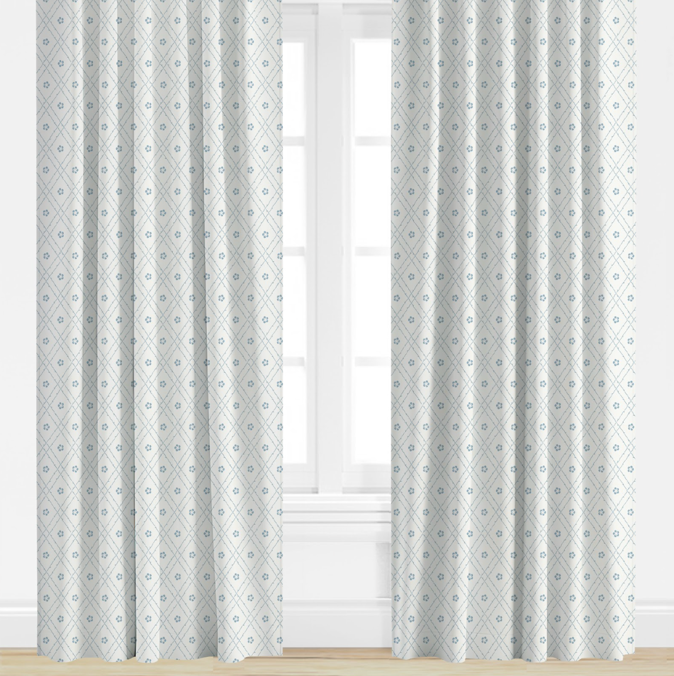 Blue Diamond Patterned curtains on a window with a light background