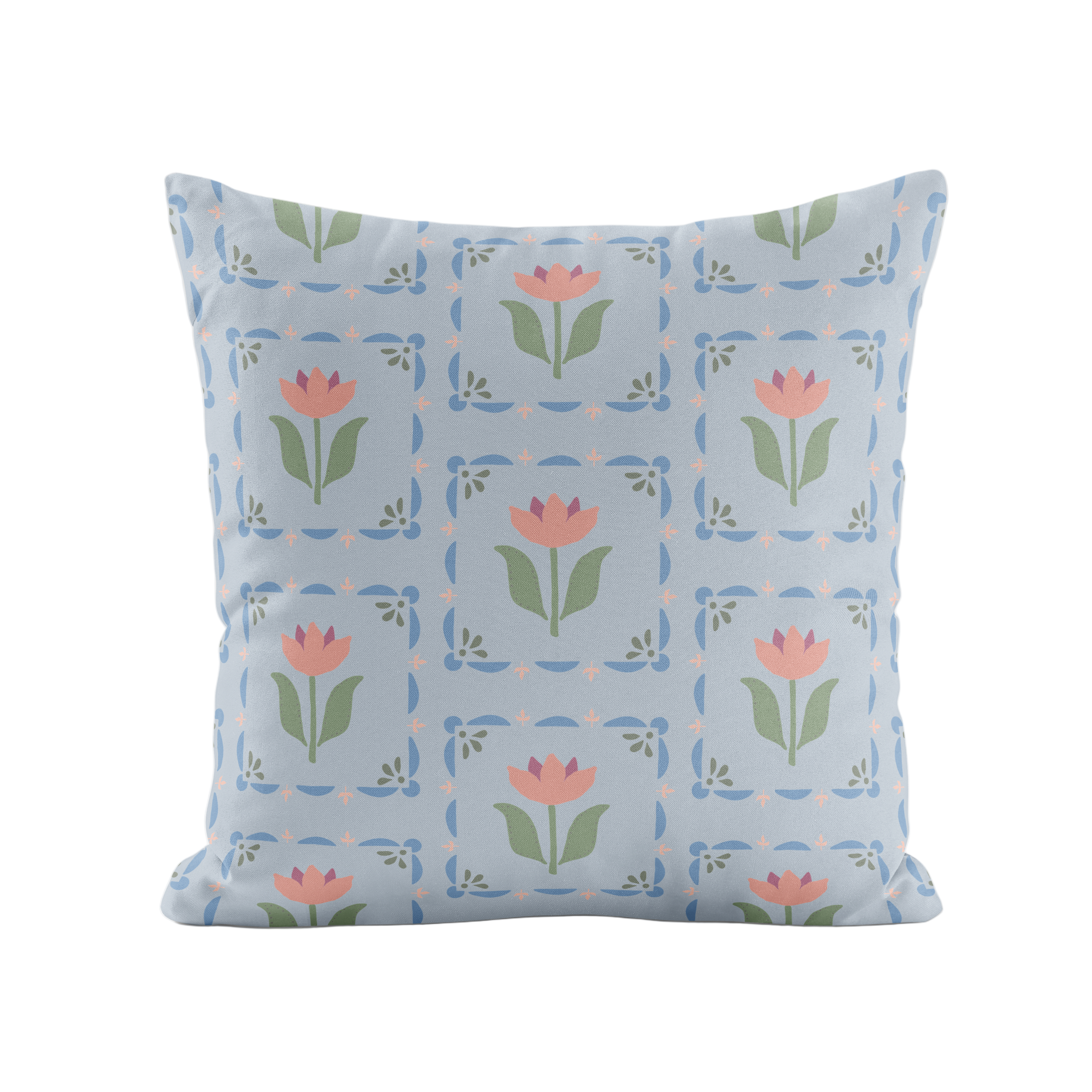 Floral patterned pillow in Periwinkle, pink and green