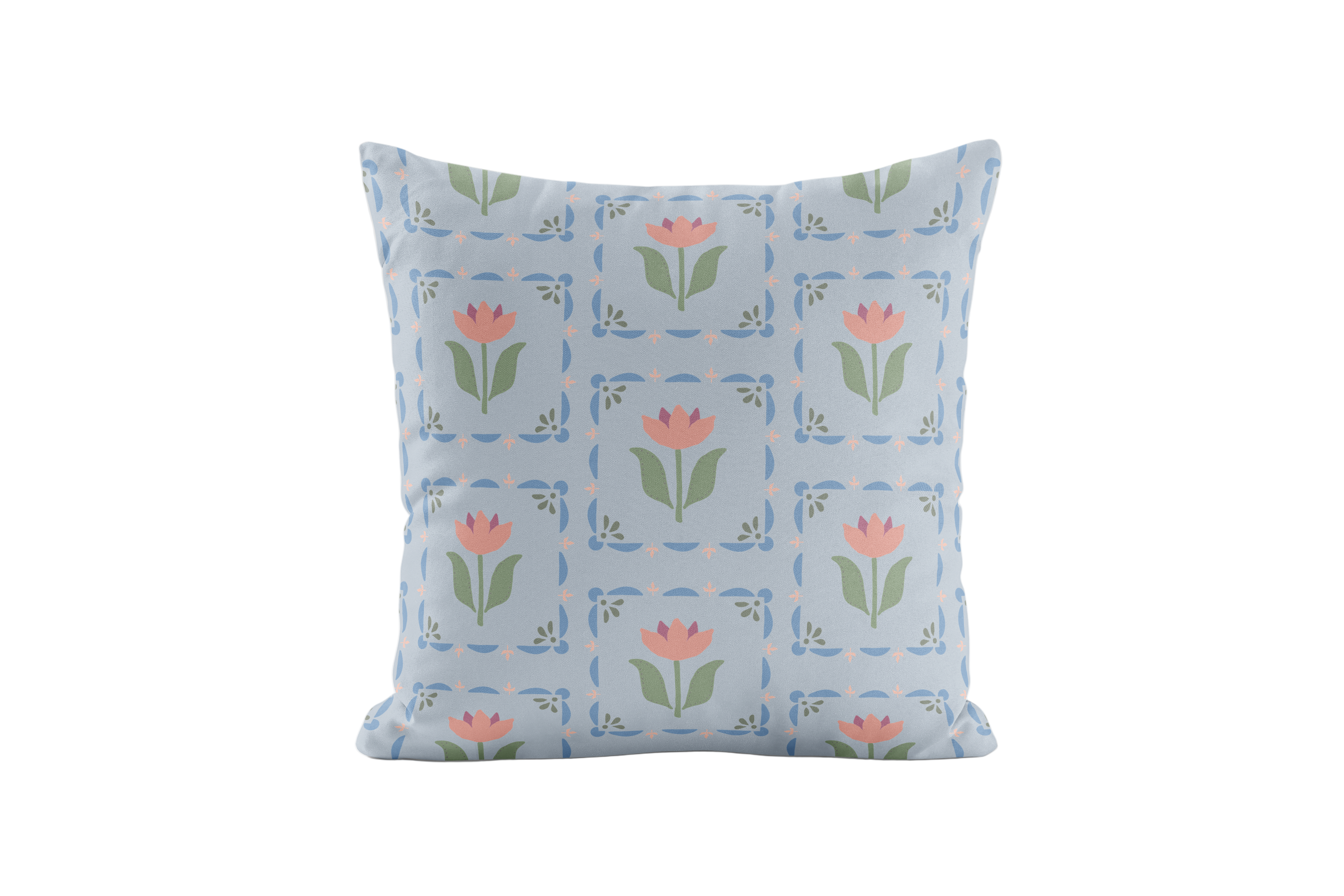 Floral patterned pillow in Periwinkle, pink and green