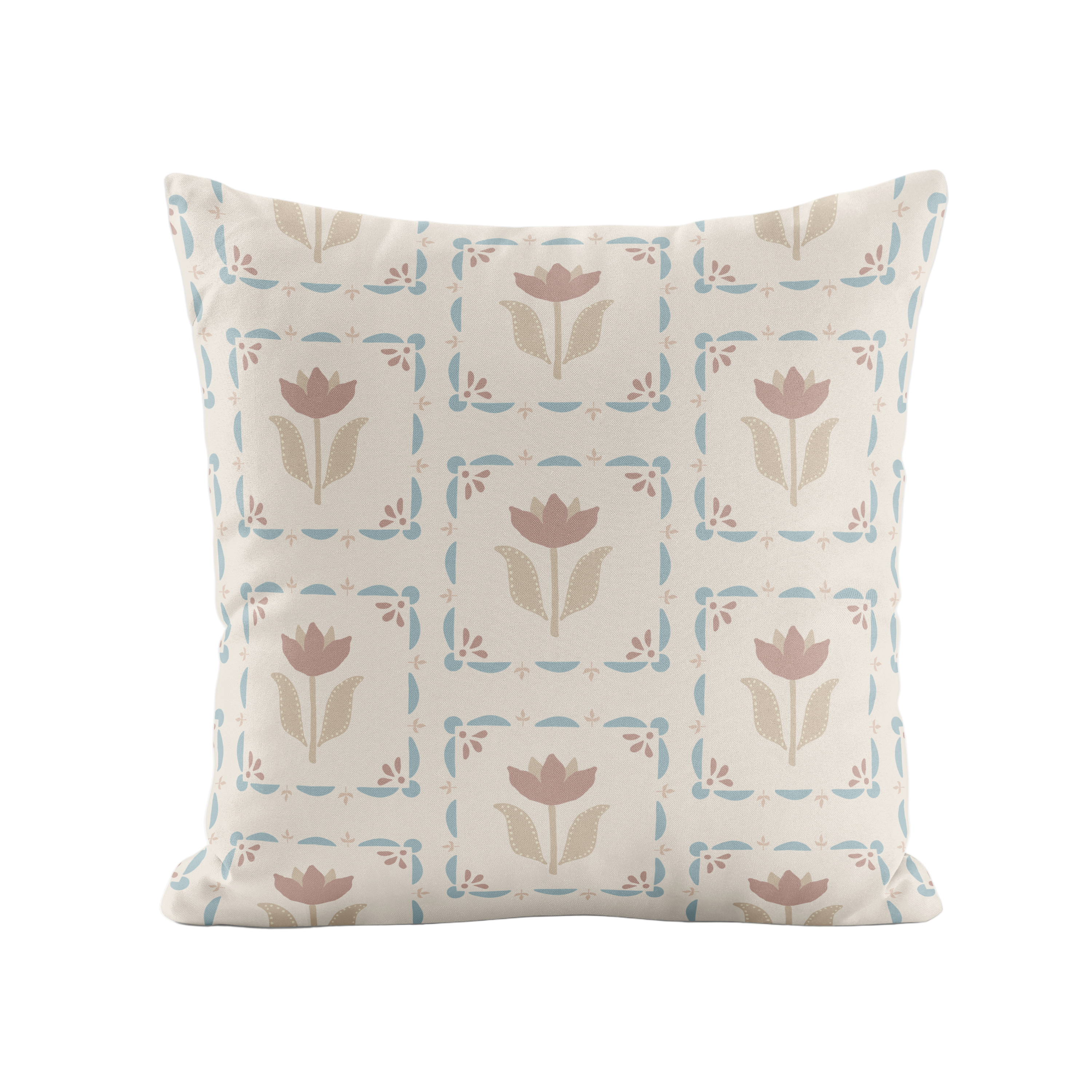 Decorative pillow with taupe & blue floral pattern