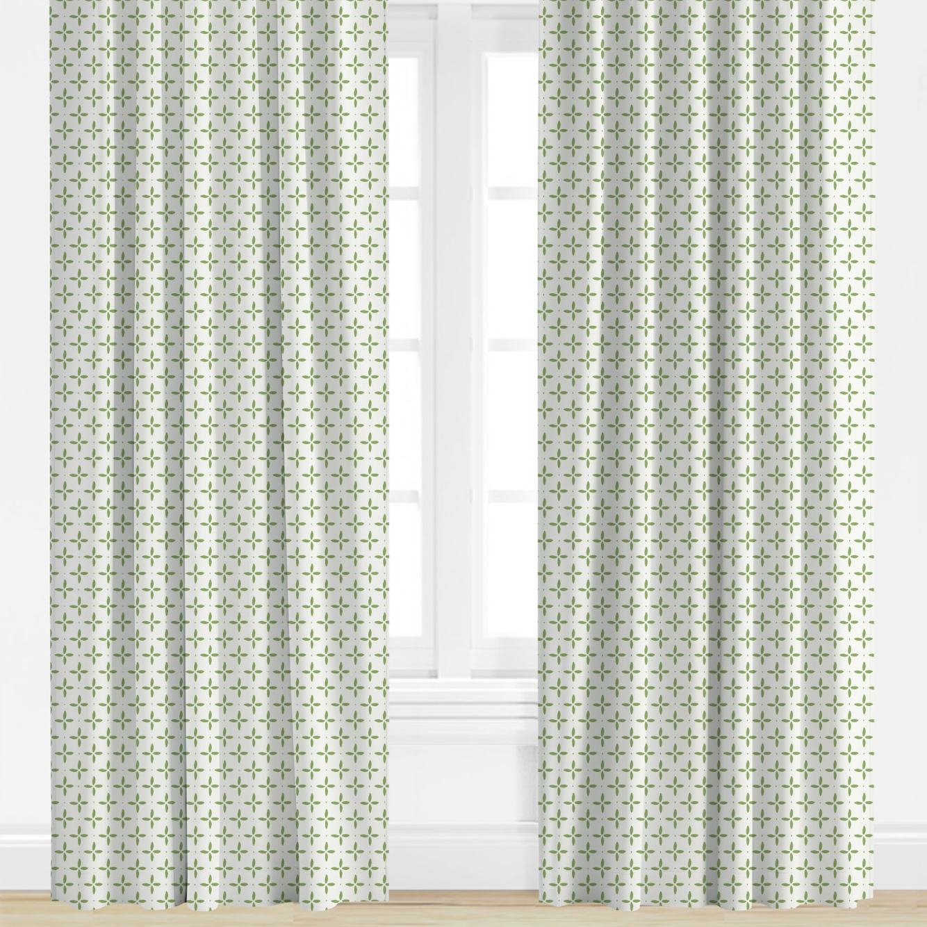 green, star Patterned curtains on a window with a light background