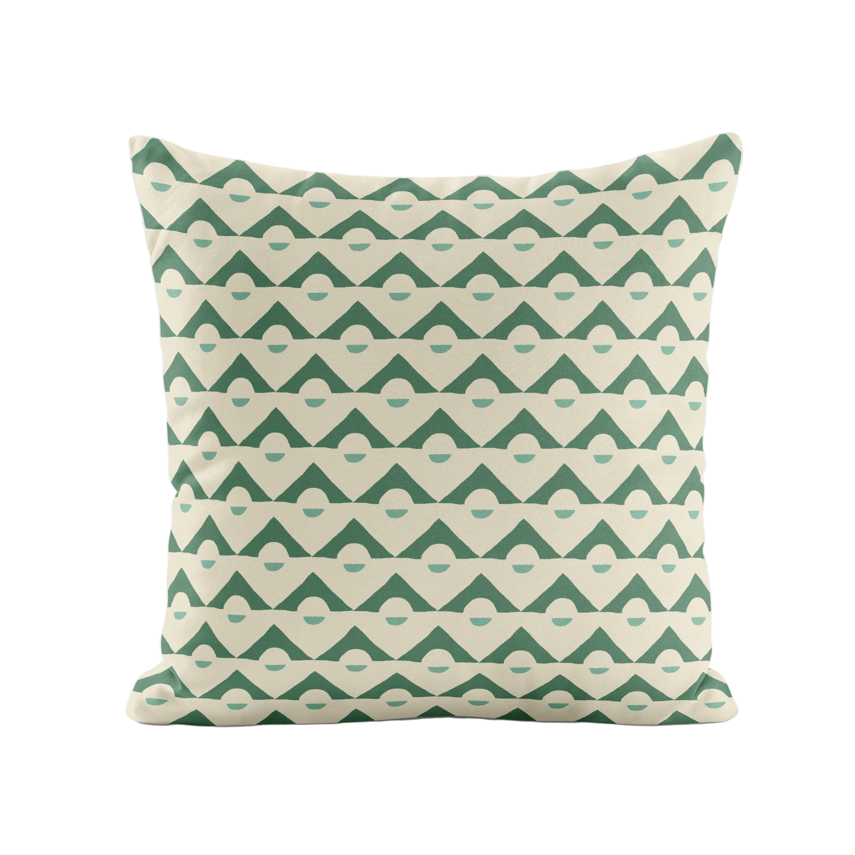 Decorative pillow with green geometric pattern on a white background