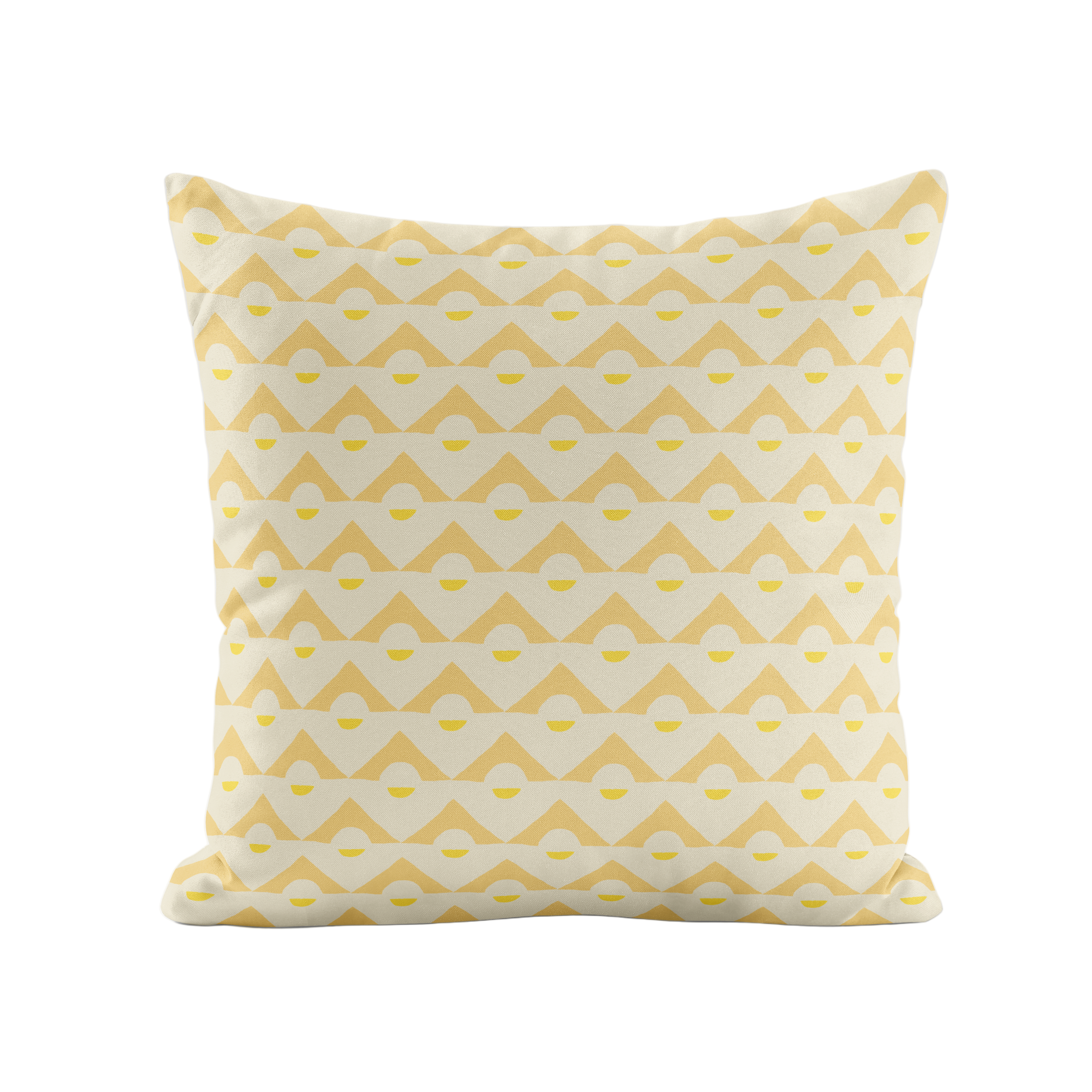 Yellow geometric patterned pillow on a light gray background
