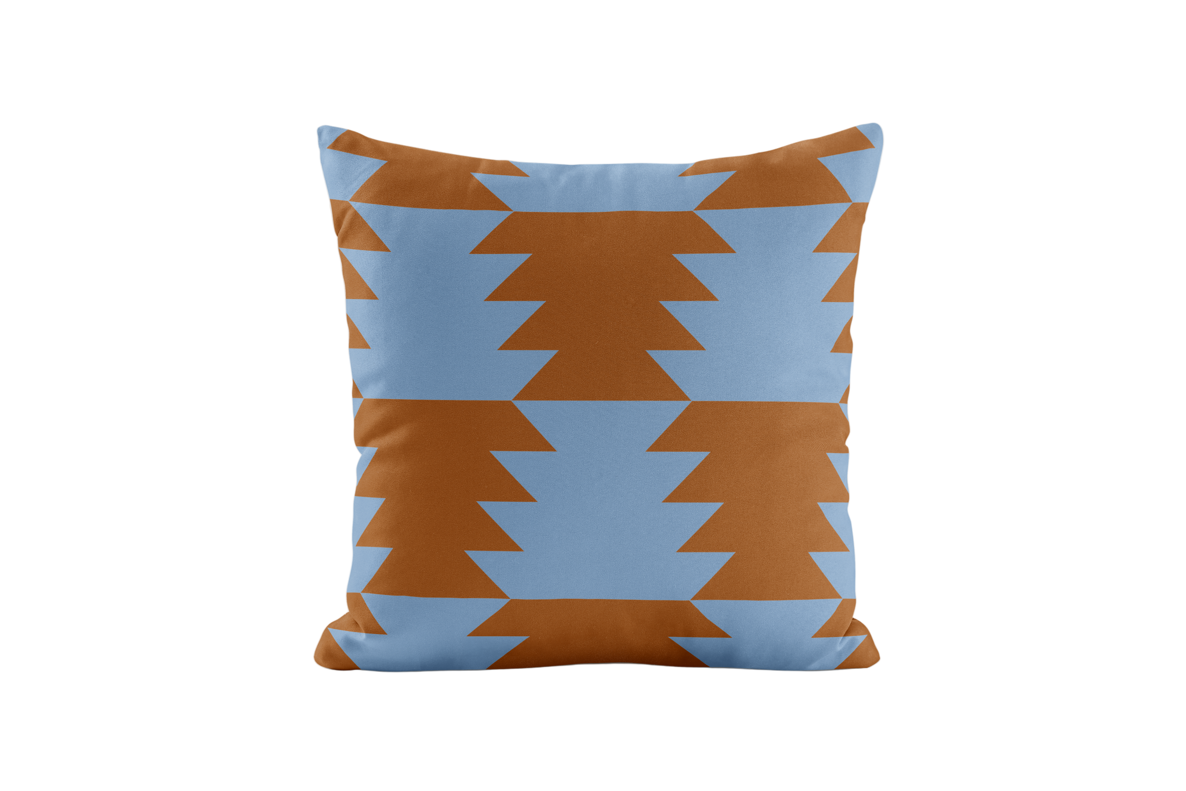 Decorative pillow with blue and brown geometric pattern on a white background