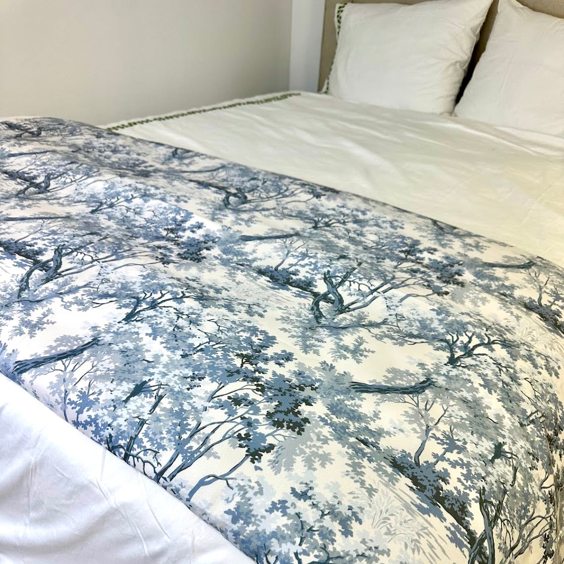 Blue Tree Patterned Bed Footer by Wheaton Whaley Home