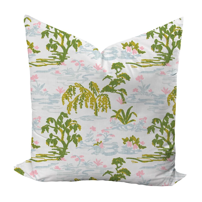 Pillow cover featuring trees and grasslands in pink, blue and green