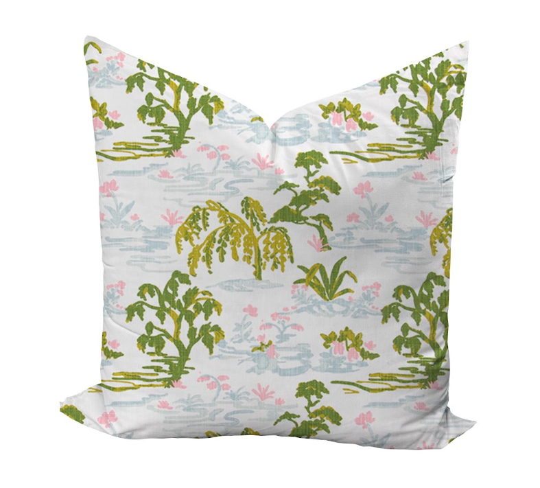 Pillow cover featuring trees and grasslands in pink, blue and green
